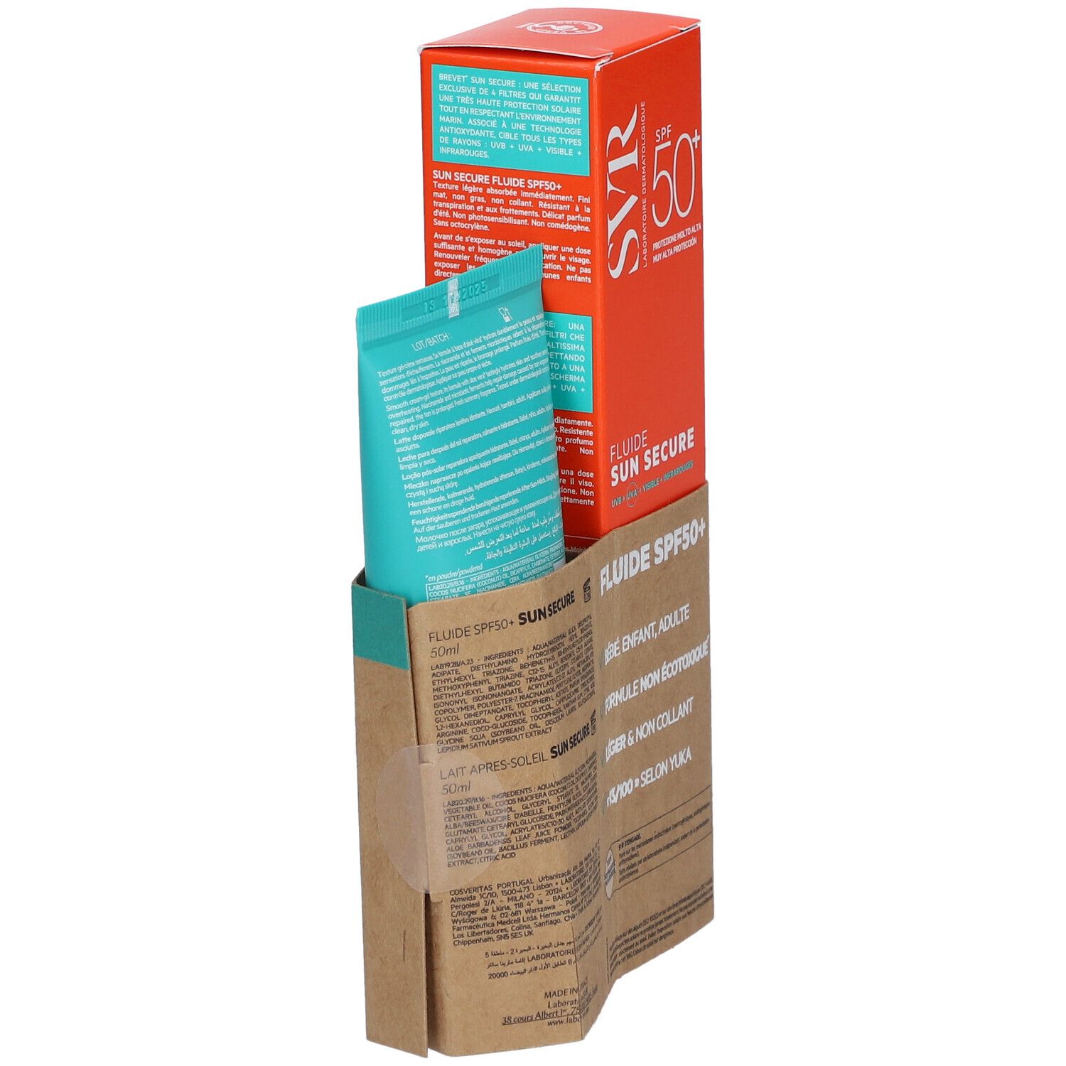 Verpackung mit Sonnencreme und After-Sun-Lotion. Orangefarbene Schachtel mit SPF50+. Türkisfarbene Tube. Karton mit Produktinformationen.
