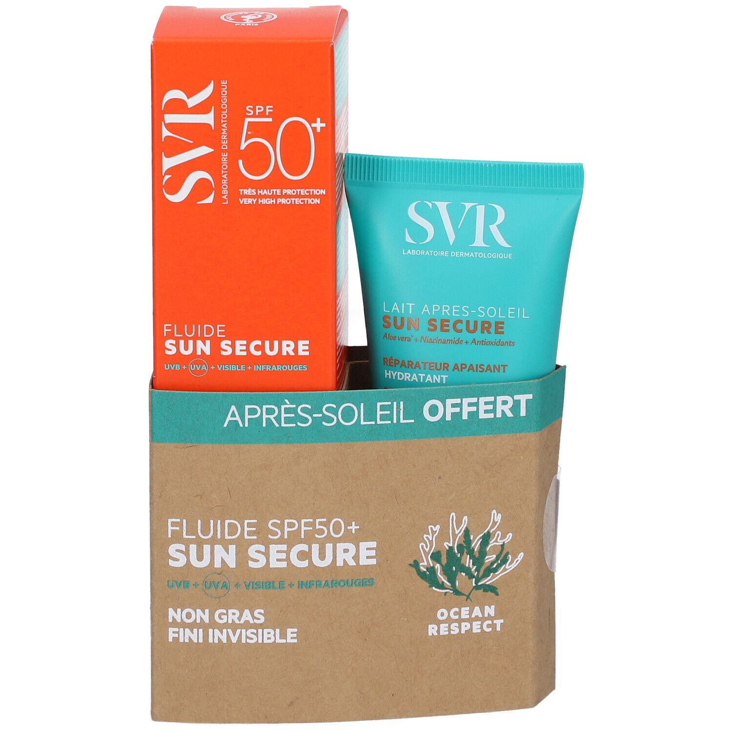 Verpackung mit Sonnencreme und After-Sun-Lotion. Orangefarbene Schachtel mit SPF50+. Türkisfarbene Tube. Karton mit Aufschrift 'Après-Soleil Offert'.