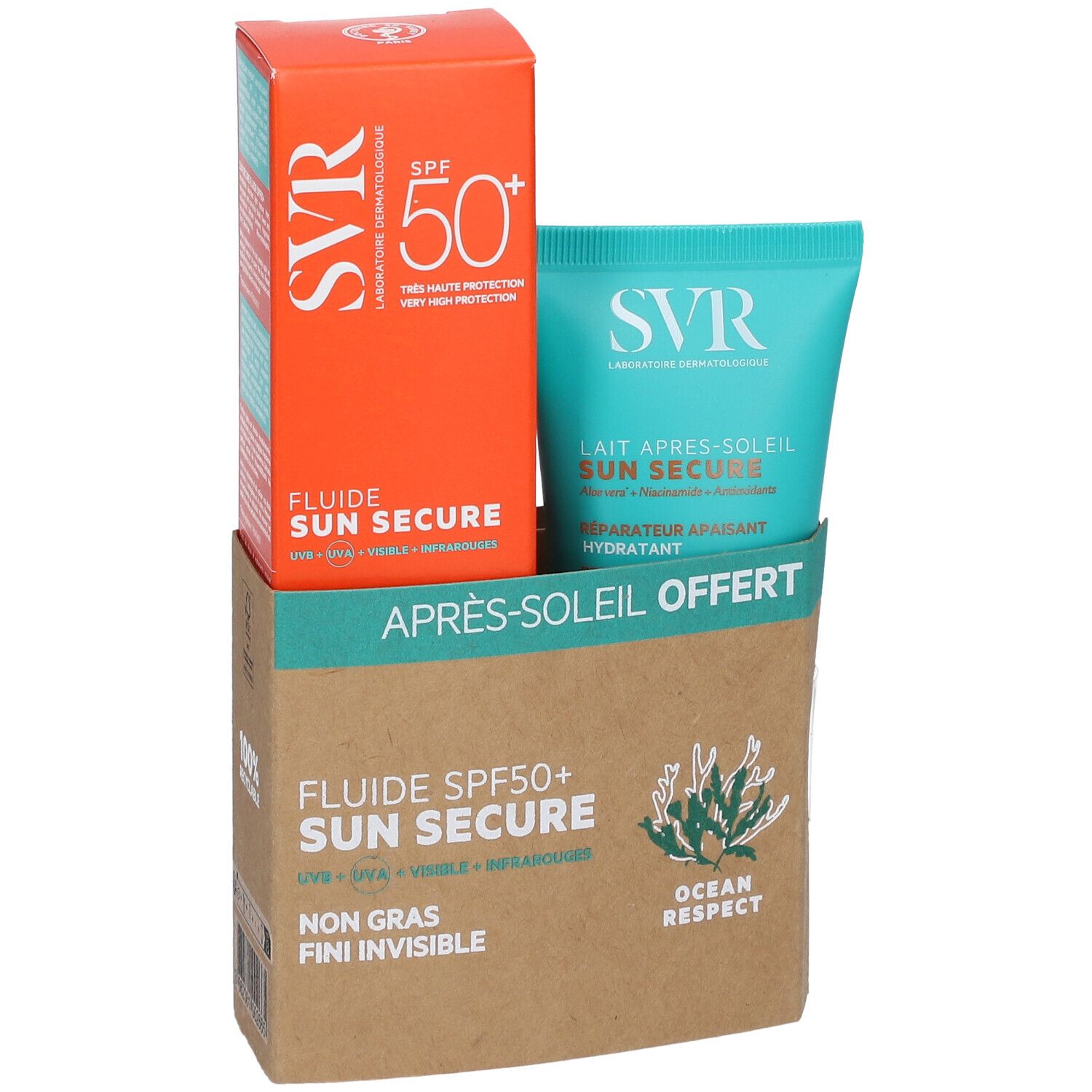 Verpackung mit Sonnencreme und After-Sun-Lotion. Orangefarbene Schachtel mit SPF50+. Türkisfarbene Tube. Karton mit Aufschrift 'Après-Soleil Offert'.