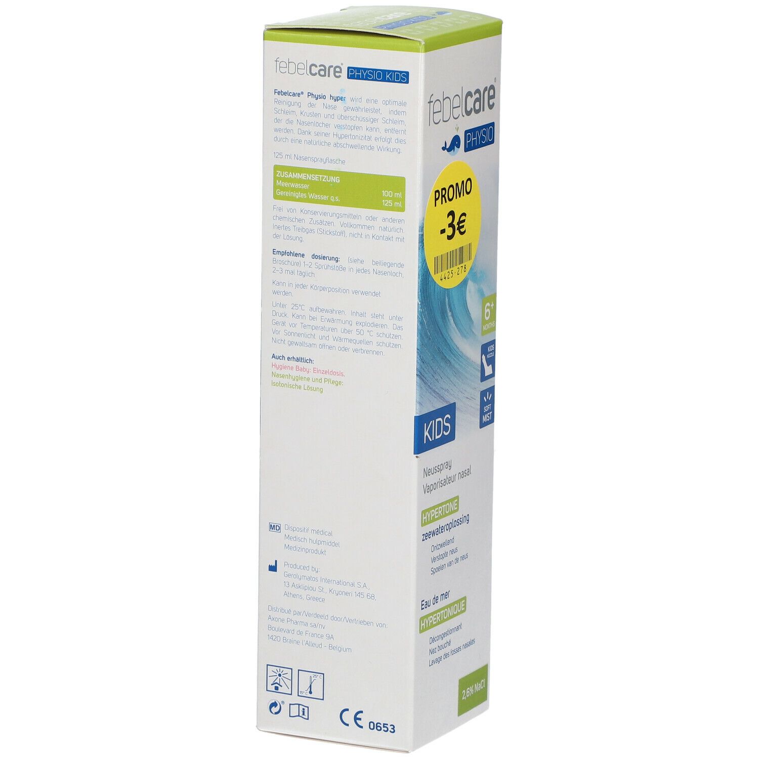Vue latérale de la boîte de Febelcare Physio Kids. Texte: KIDS, solution hypertonique d'eau de mer. Informations et marquage CE.