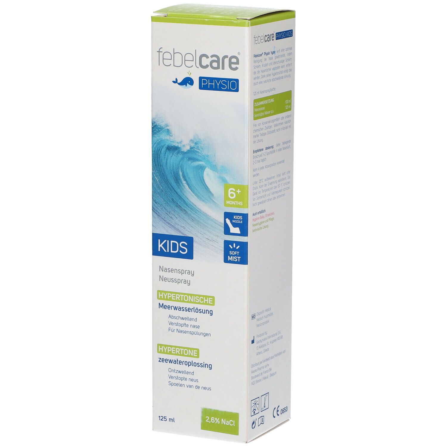 Boîte de Febelcare Physio Kids. Texte: KIDS, spray nasal, solution hypertonique d'eau de mer. Contient 125 ml et 2,6% NaCl.