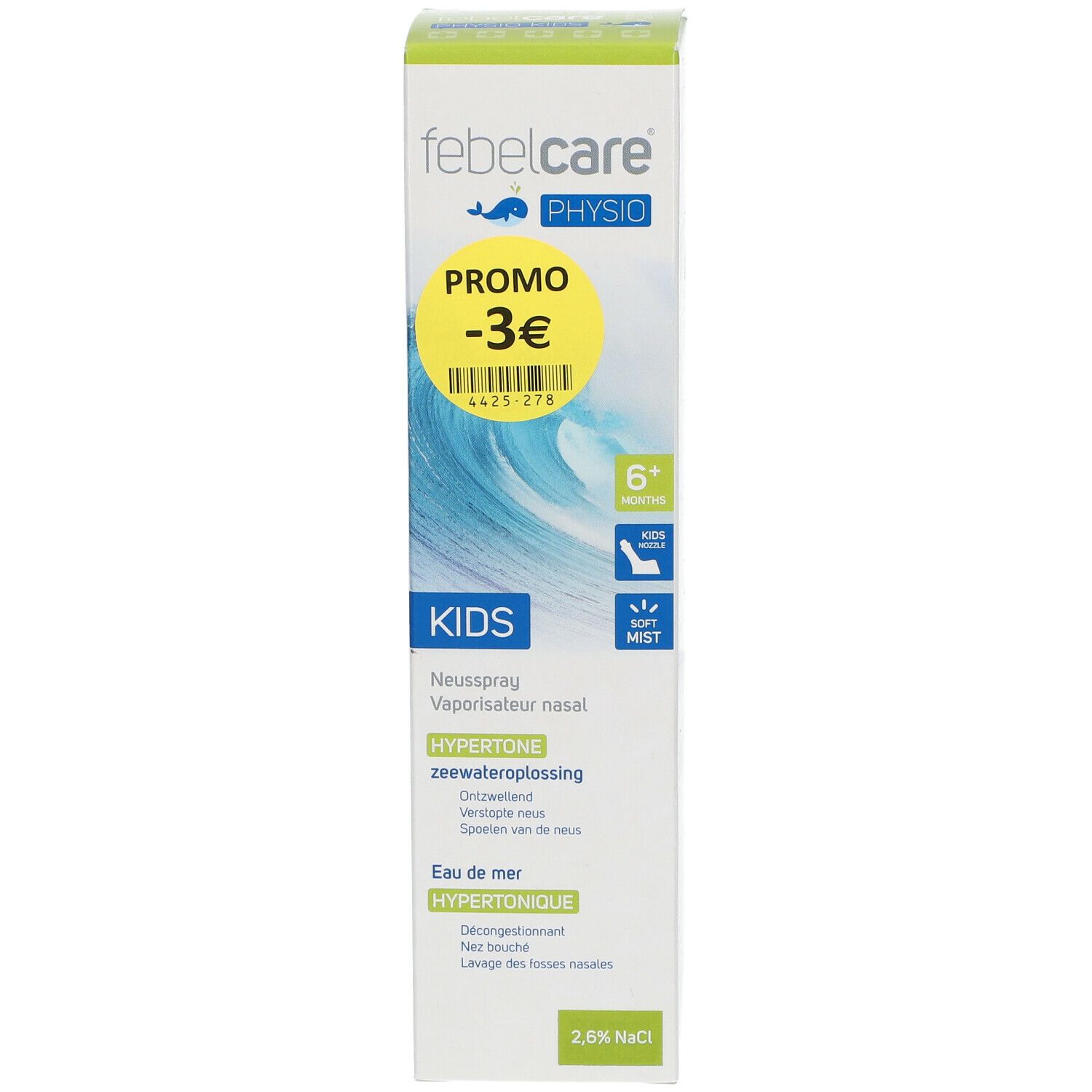 Boîte de Febelcare Physio Kids. Autocollant PROMO -3€. Texte: KIDS, vaporisateur nasal, solution hypertonique d'eau de mer. 2,6% NaCl.