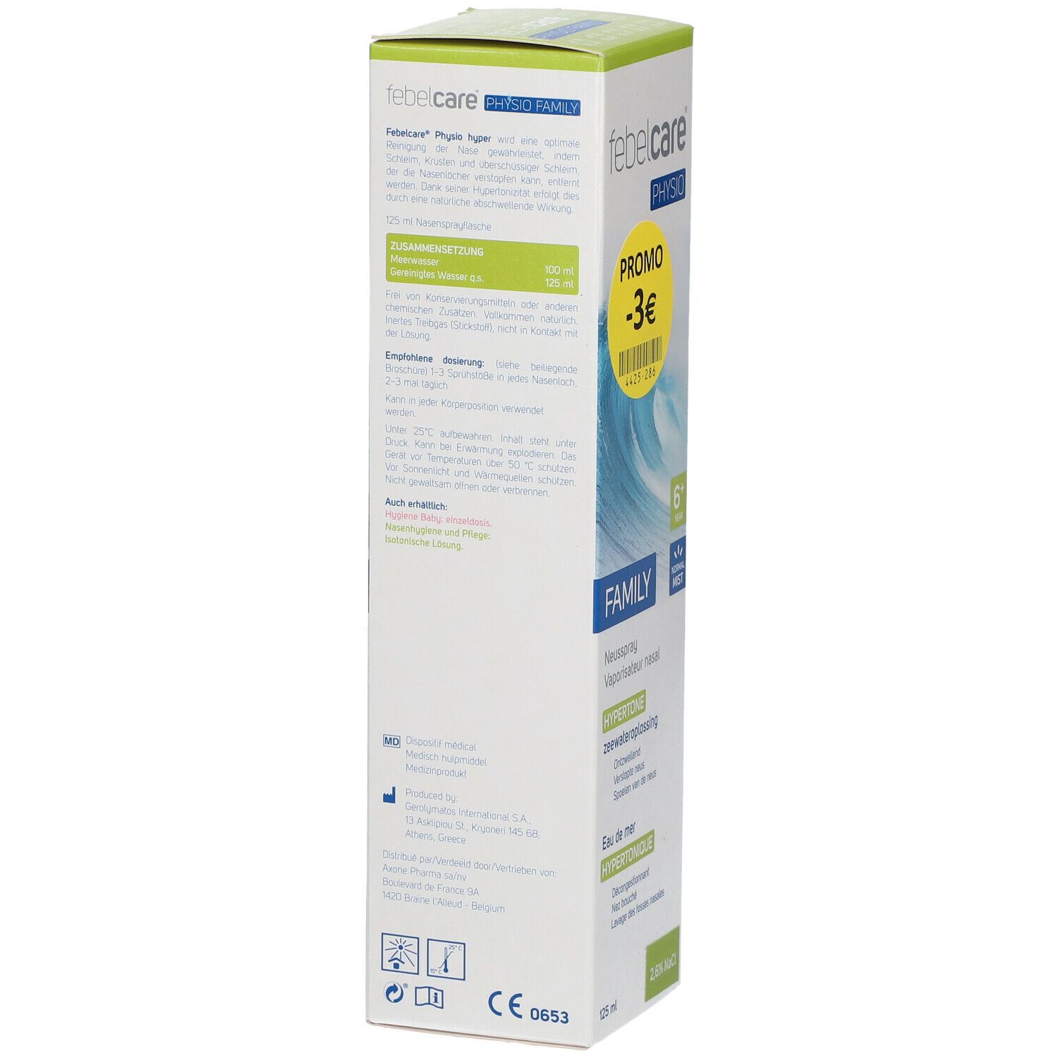 Achterkant van de verpakking van Febelcare Physio Family Hyper Neusspray. Tekst: Gebruiksaanwijzing, ingrediënten, CE-markering, 125 ml.