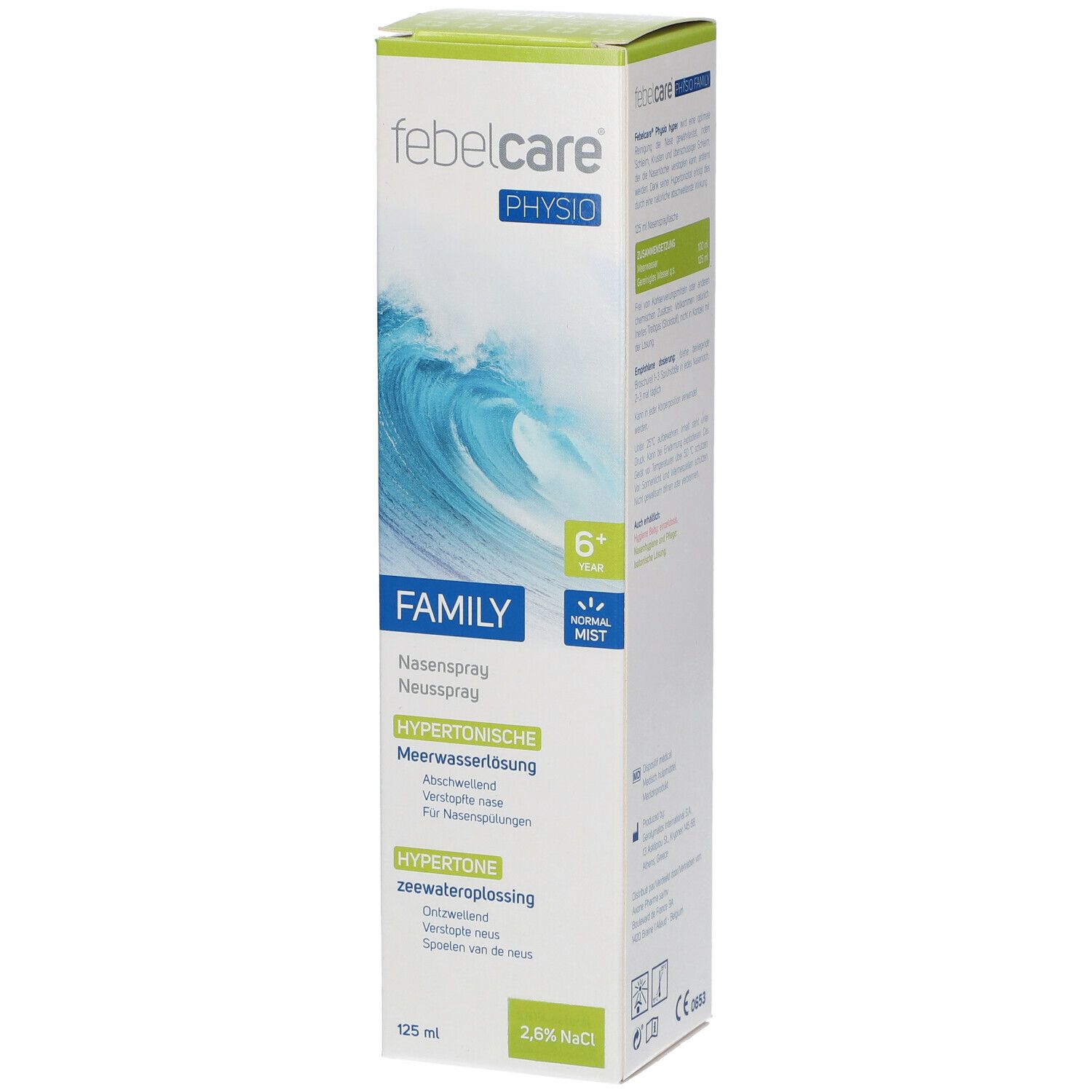 Verpakking van Febelcare Physio Family Hyper Neusspray. Tekst: Neusspray, hypertonische zeewateroplossing, 125 ml, 2,6% NaCl.