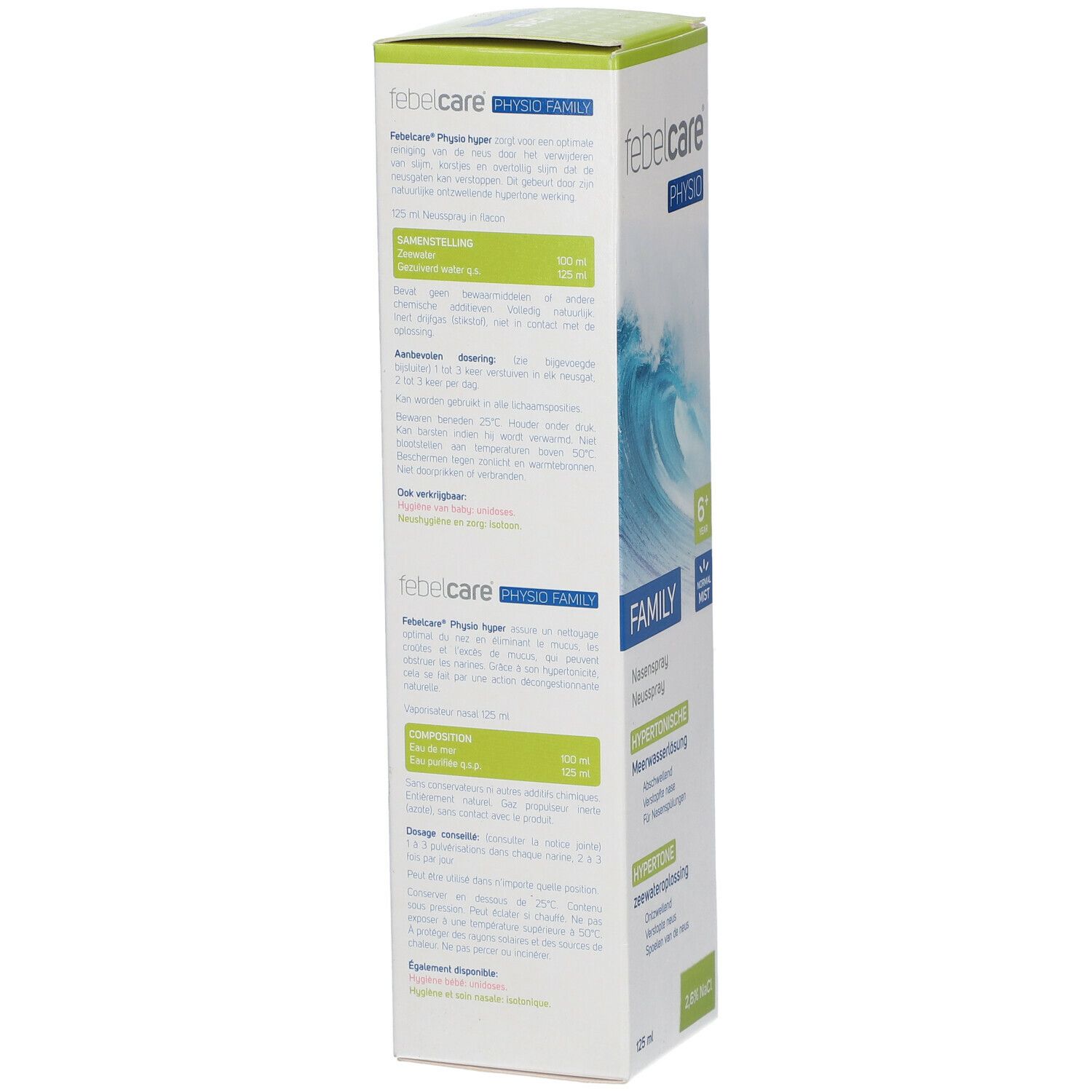 Achterkant van de verpakking van Febelcare Physio Family Hyper Neusspray. Tekst: Gebruiksaanwijzing, ingrediënten, dosering, 125 ml.