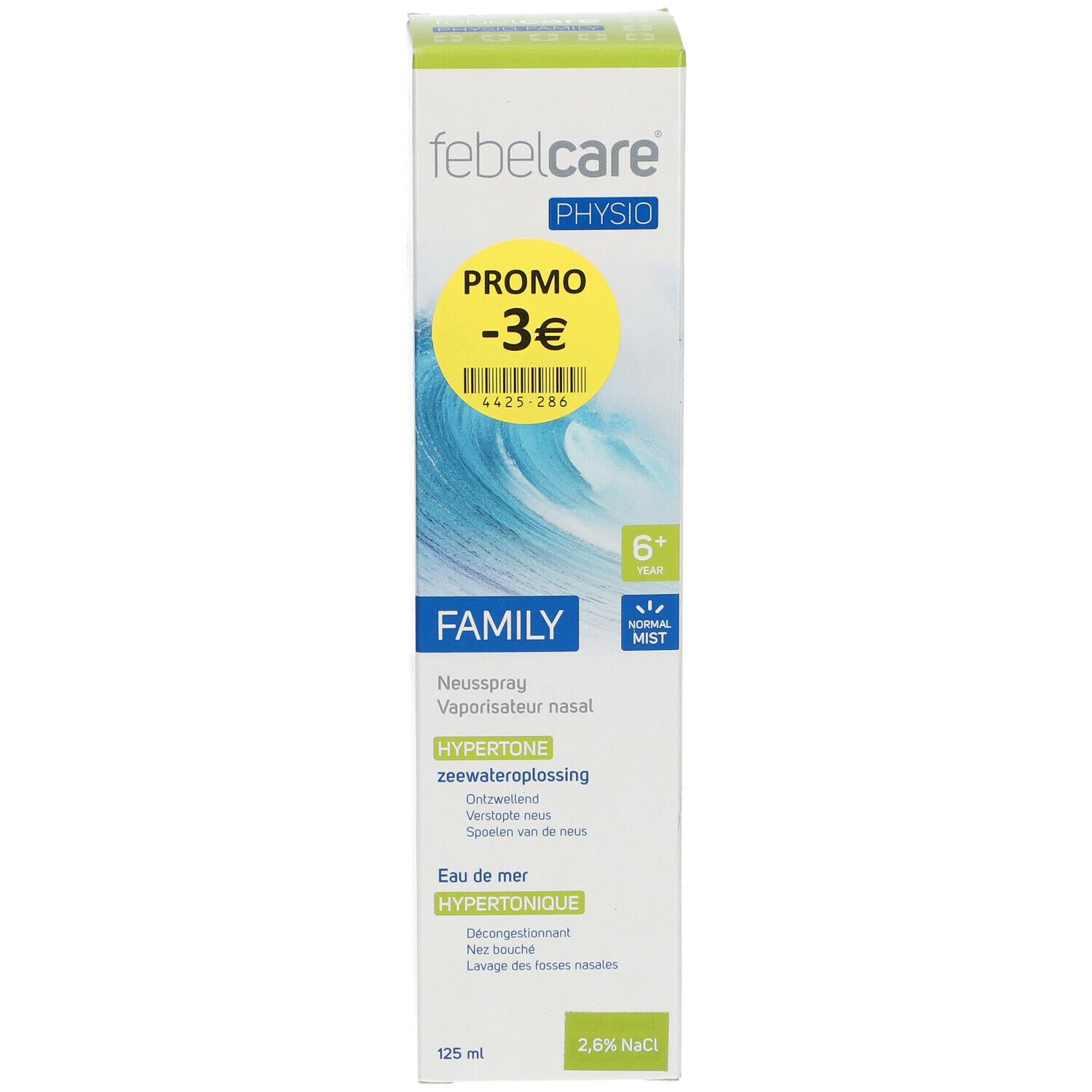 Verpakking van Febelcare Physio Family Hyper Neusspray. Gele promo sticker met -3€. Tekst: Neusspray, hypertonische zeewateroplossing, 125 ml, 2,6% NaCl.