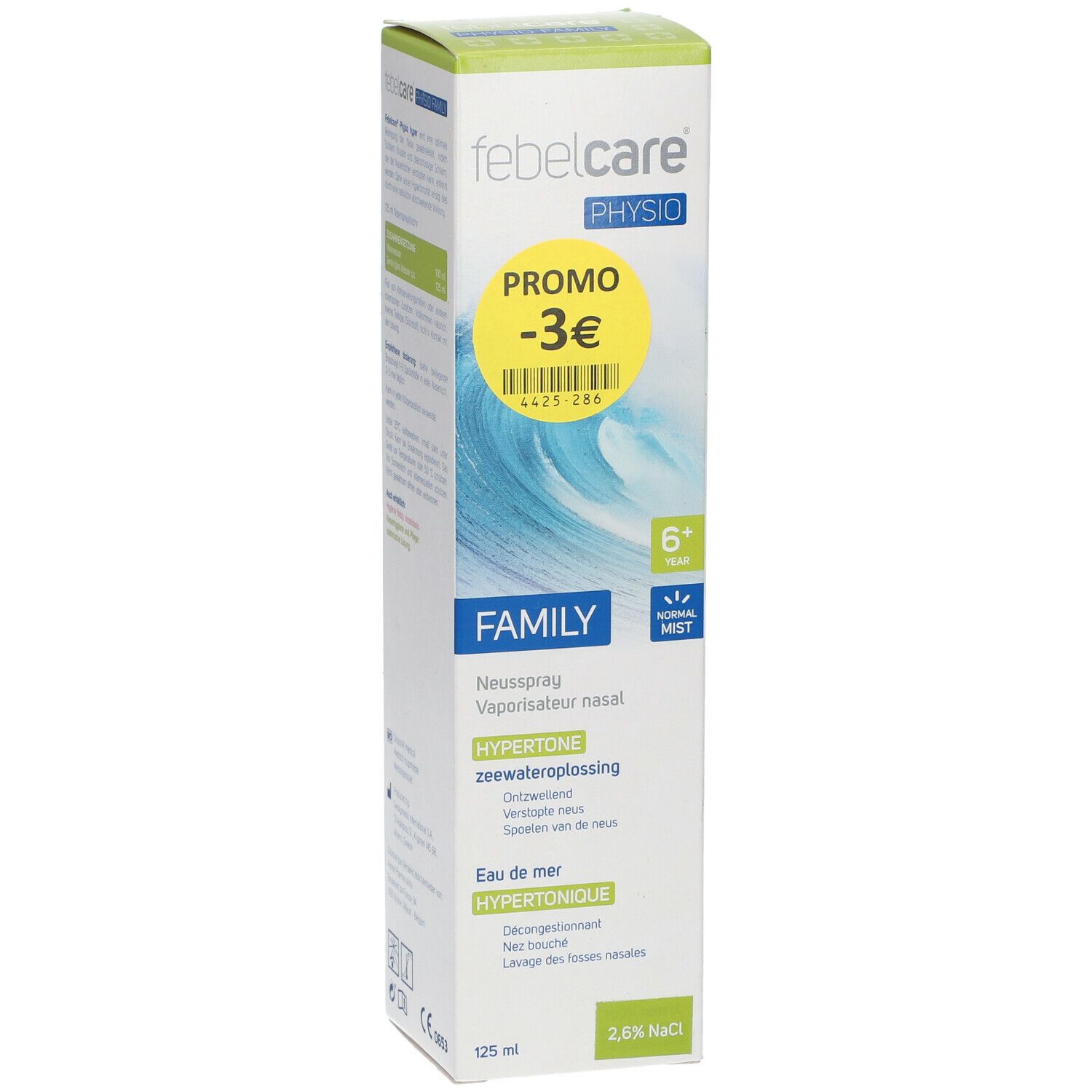Verpakking van Febelcare Physio Family Hyper Neusspray. Gele promo sticker met -3€. Tekst: Neusspray, hypertonische zeewateroplossing, 125 ml, 2,6% NaCl.