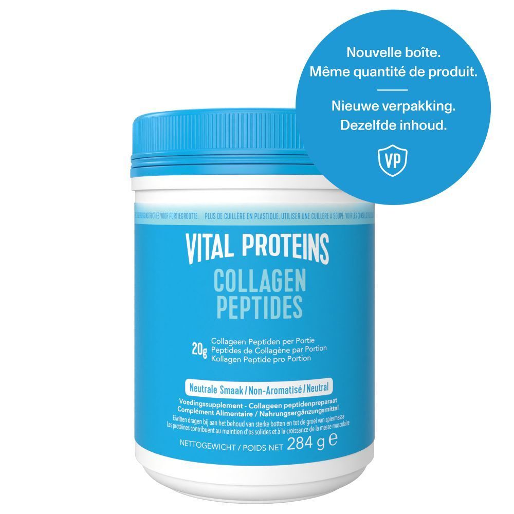 VITAL PROTEINS Collageen Peptides pot, blauw-wit, 284g. Neutrale smaak. Nieuwe verpakking.