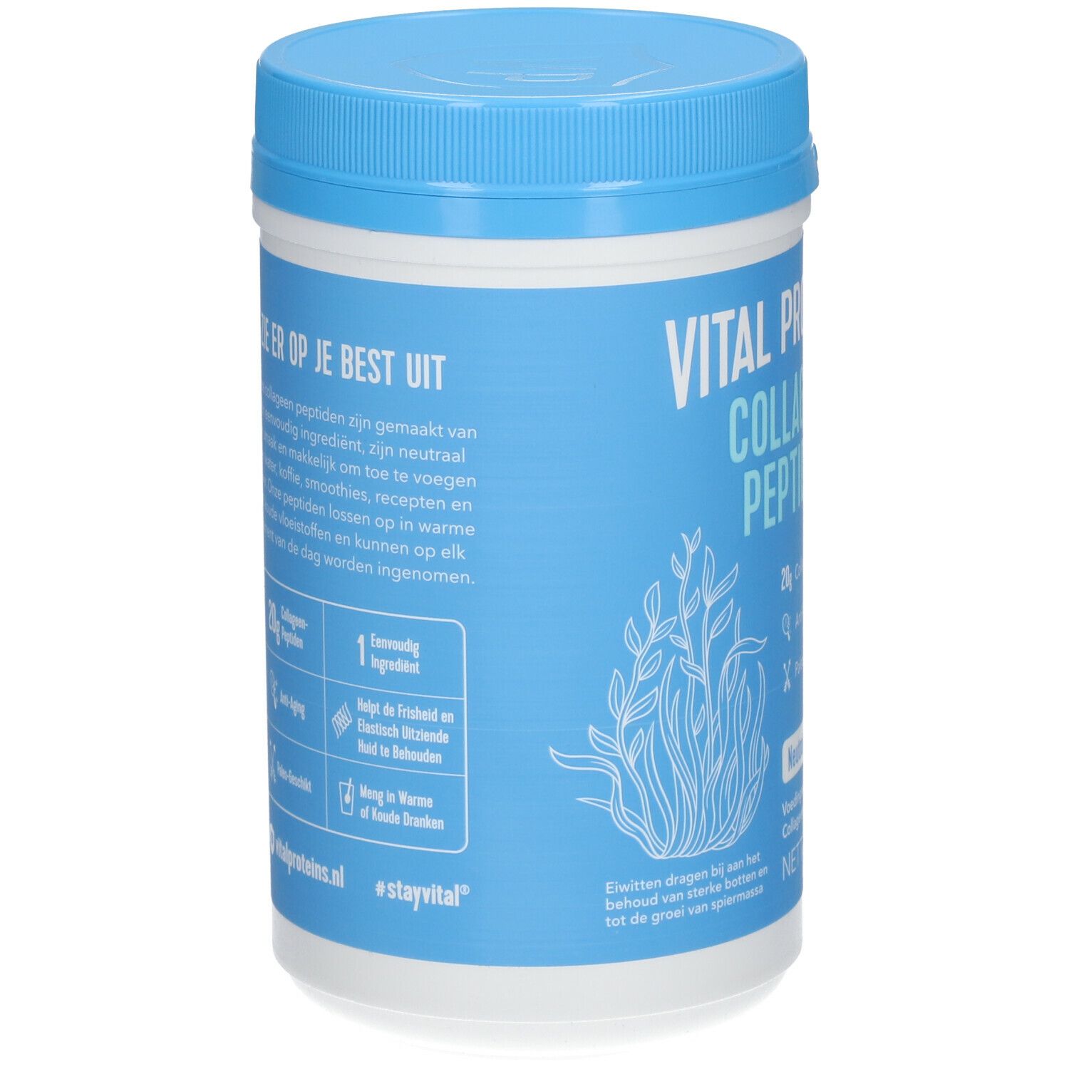 Achterkant van de pot VITAL PROTEINS Collageen Peptiden. Informatie over ingrediënten, gebruik en voedingswaarde.