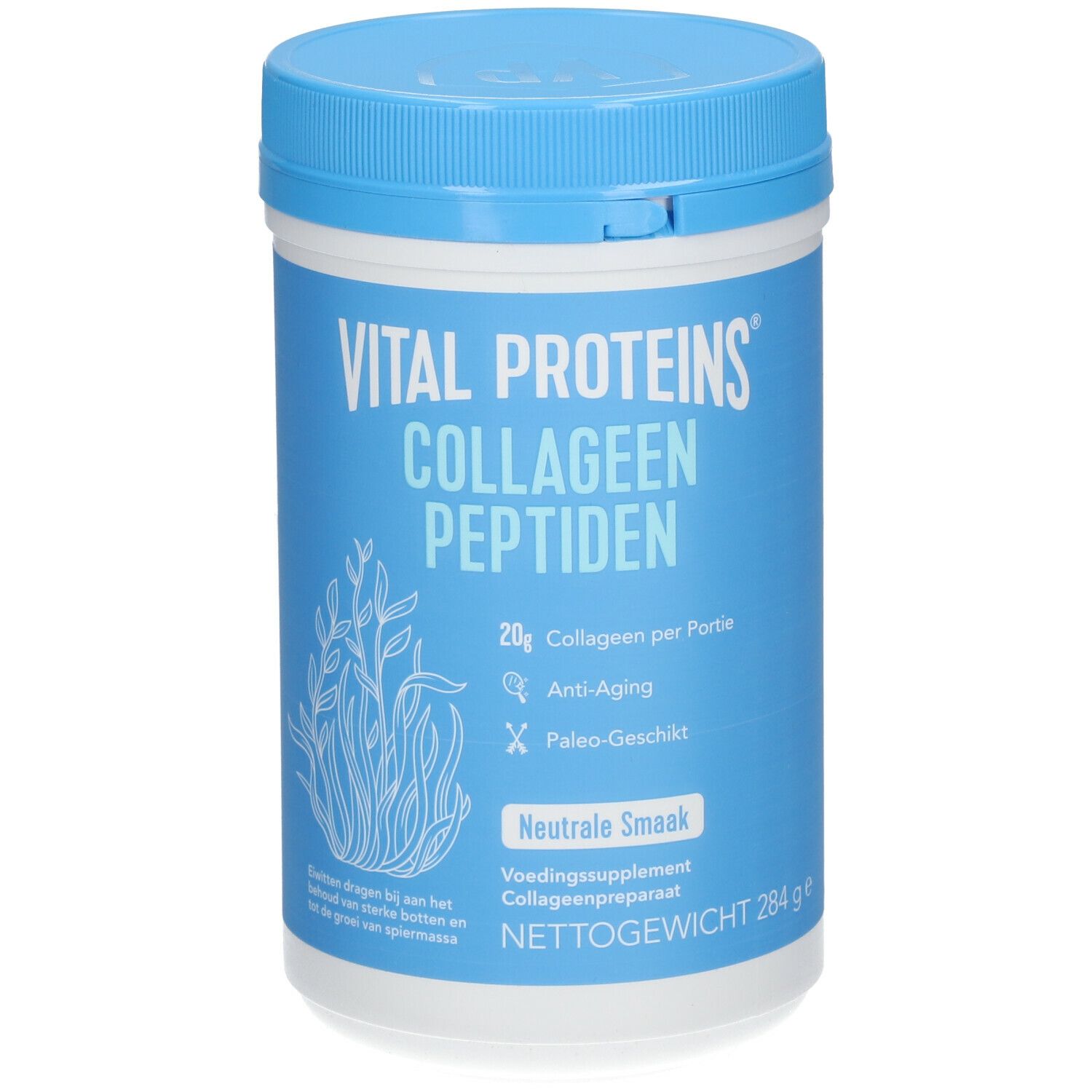 Blauw-witte pot VITAL PROTEINS Collageen Peptiden. 284g, neutrale smaak. Anti-aging en Paleo-geschikt.