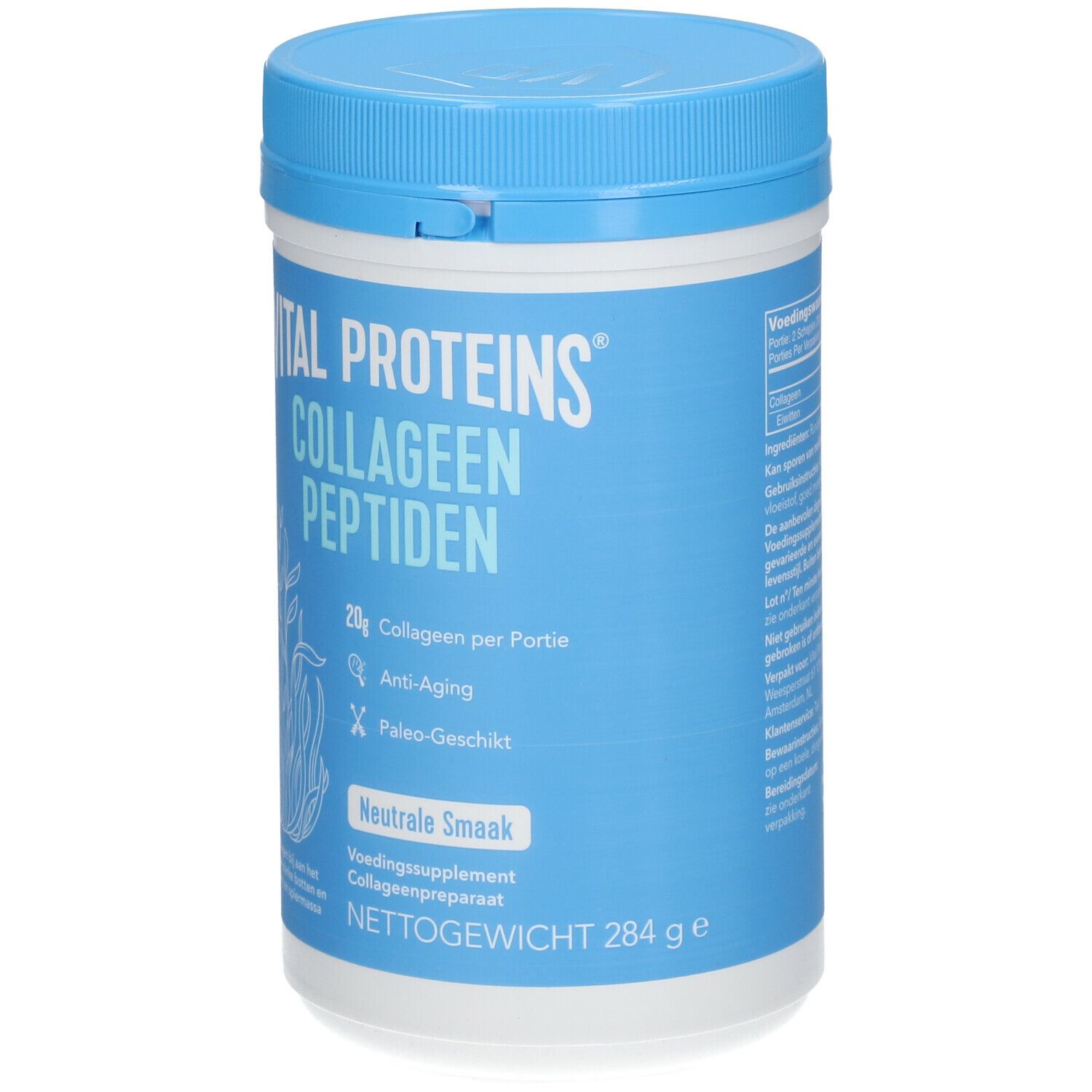 Blauw-witte pot VITAL PROTEINS Collageen Peptiden. 284g, neutrale smaak. Anti-aging en Paleo-geschikt.