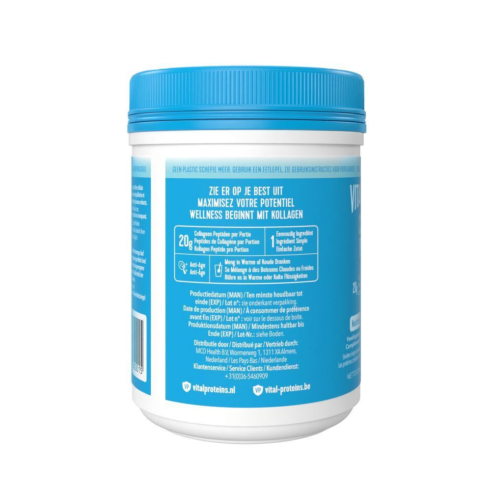 Achterkant van de pot VITAL PROTEINS Collageen Peptides. Informatie over ingrediënten, gebruik en voedingswaarde.
