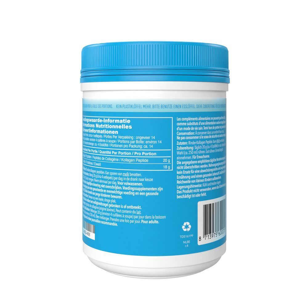 Achterkant van de pot VITAL PROTEINS Collageen Peptides. Informatie over ingrediënten, gebruik en voedingswaarde.