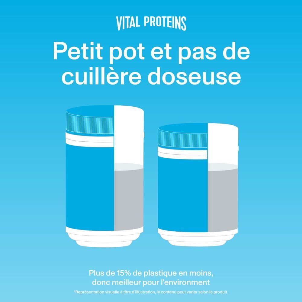 Twee blauwe potten VITAL PROTEINS Collageen Peptides. Kleiner formaat, zonder maatlepel.
