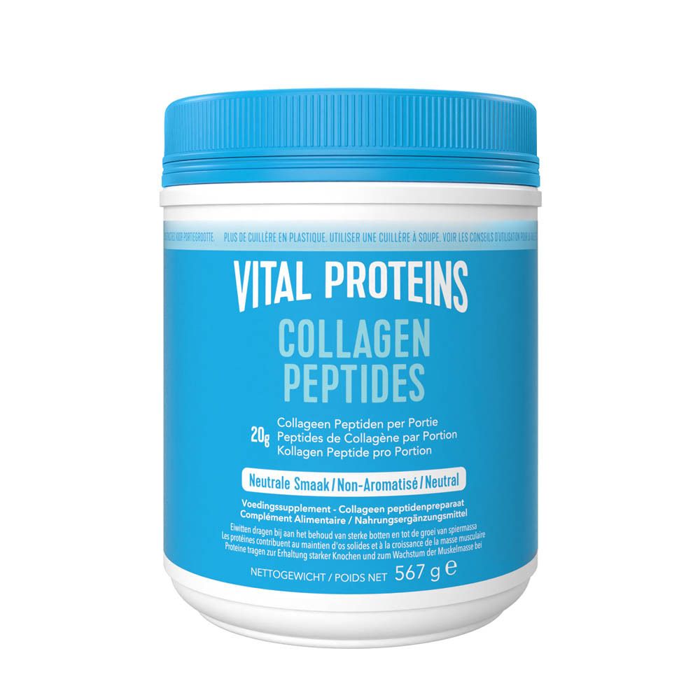 Blauw-witte pot VITAL PROTEINS Collagen Peptides. Opschrift: 20g collageenpeptiden per portie. Nettogewicht 567 g.