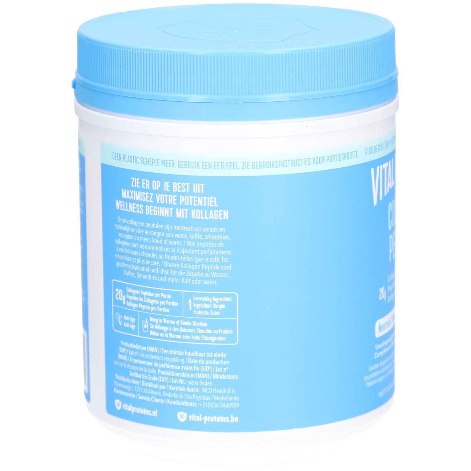 Rückseite der blau-weißen Dose VITAL PROTEINS Collagen Peptides. Textinformationen und Nährwertangaben.