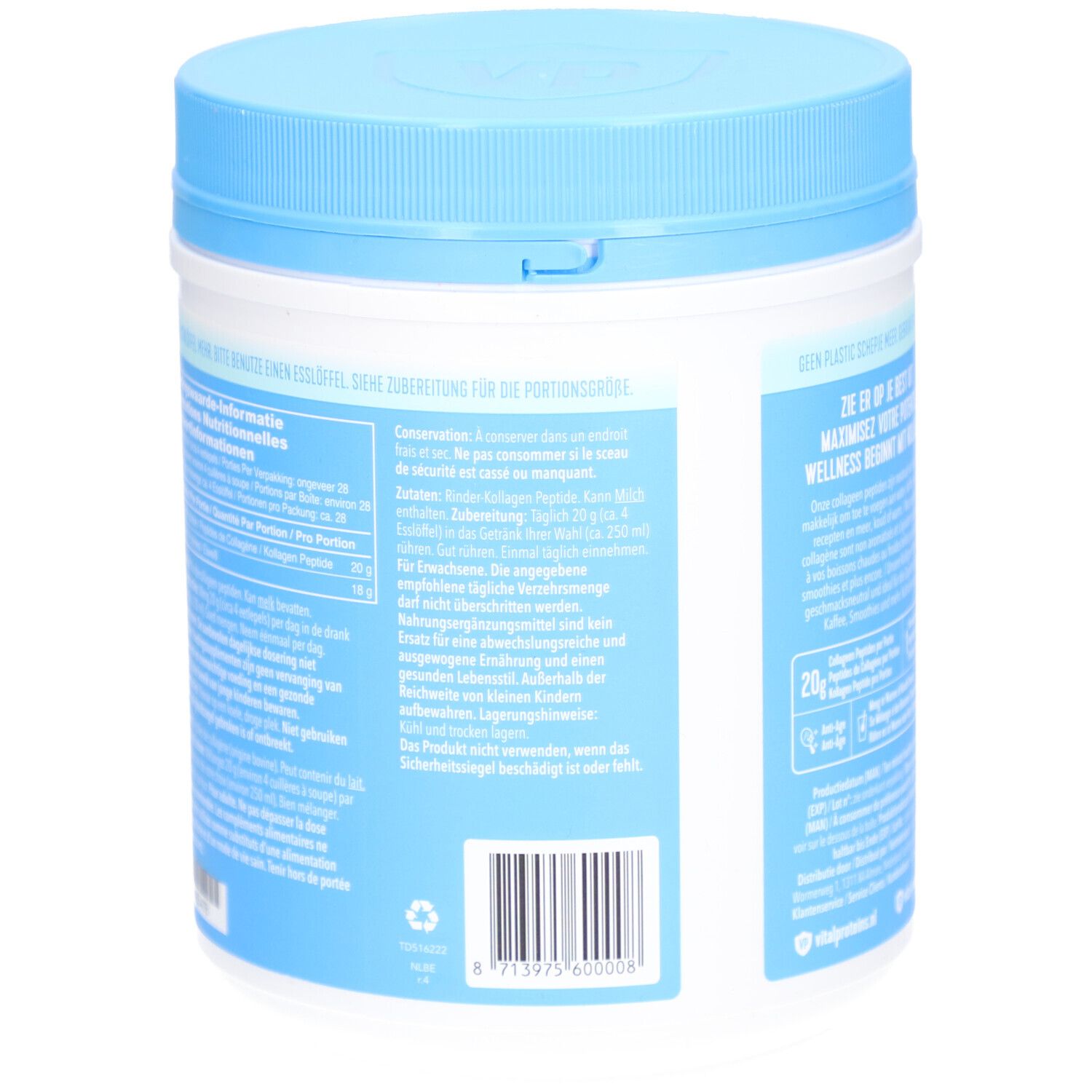 Rückseite der blau-weißen Dose VITAL PROTEINS Collagen Peptides. Textinformationen und Nährwertangaben.