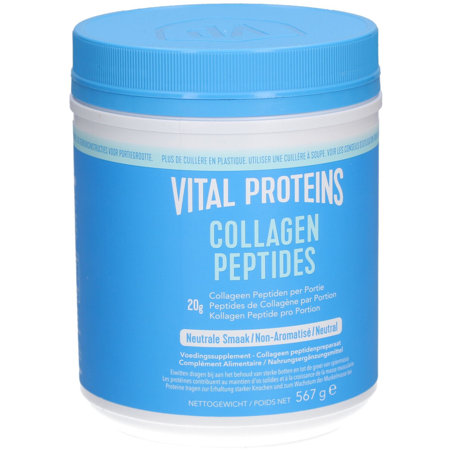 Blau-weiße Dose mit VITAL PROTEINS Collagen Peptides. Aufschrift: 20g Collagen Peptide pro Portion. Nettogewicht 567 g.
