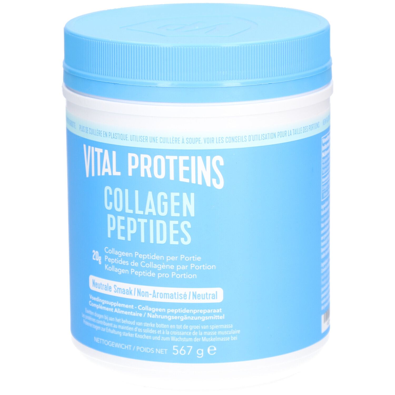 Blau-weiße Dose mit VITAL PROTEINS Collagen Peptides. Aufschrift: 20g Collagen Peptide pro Portion. Nettogewicht 567 g.