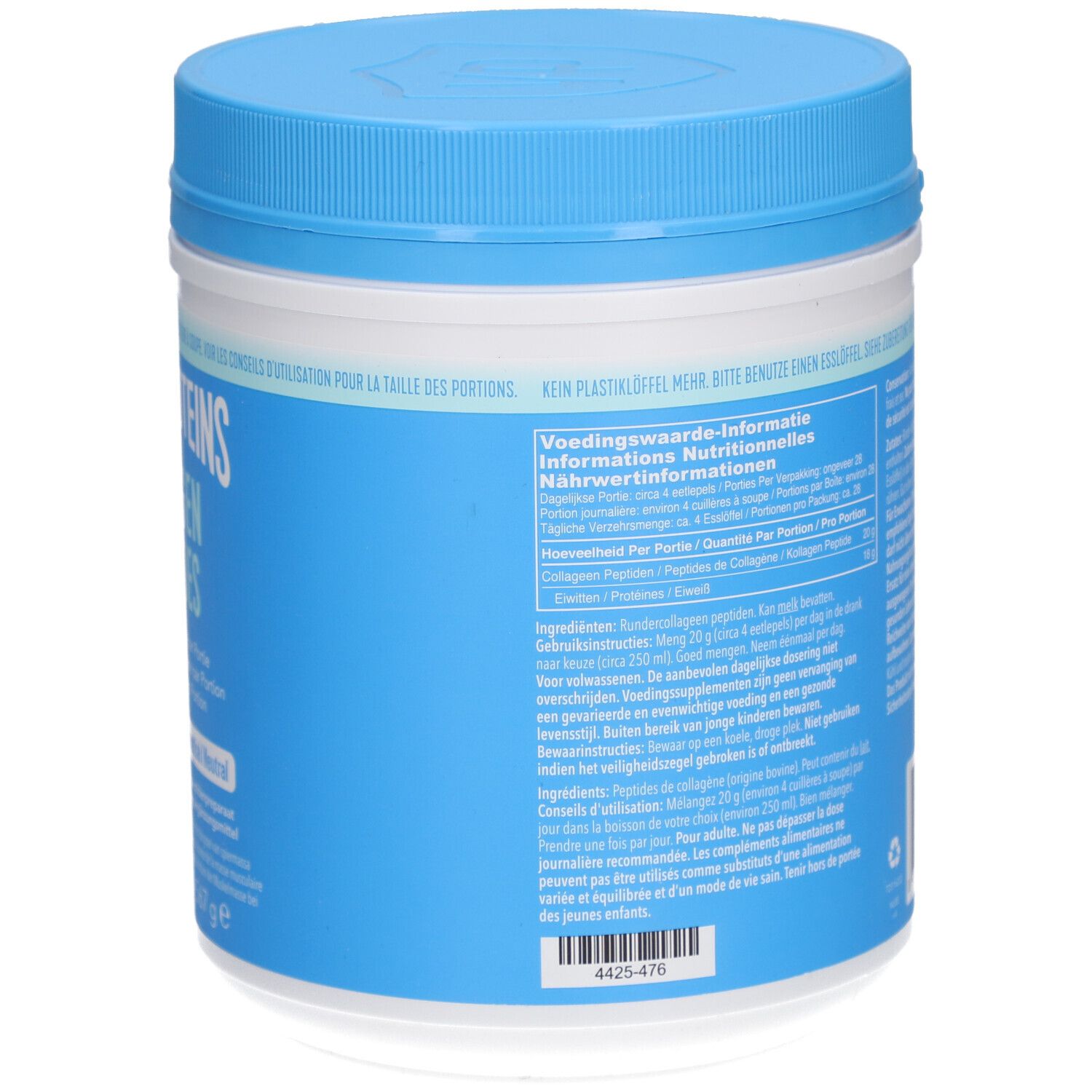Rückseite der blau-weißen Dose VITAL PROTEINS Collagen Peptides. Textinformationen und Nährwertangaben.