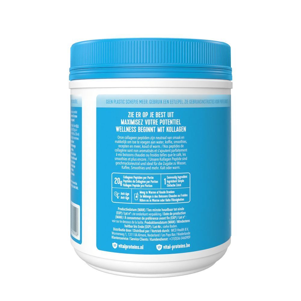 Achterkant van de blauw-witte pot VITAL PROTEINS Collagen Peptides. Tekstinformatie en voedingswaarde.