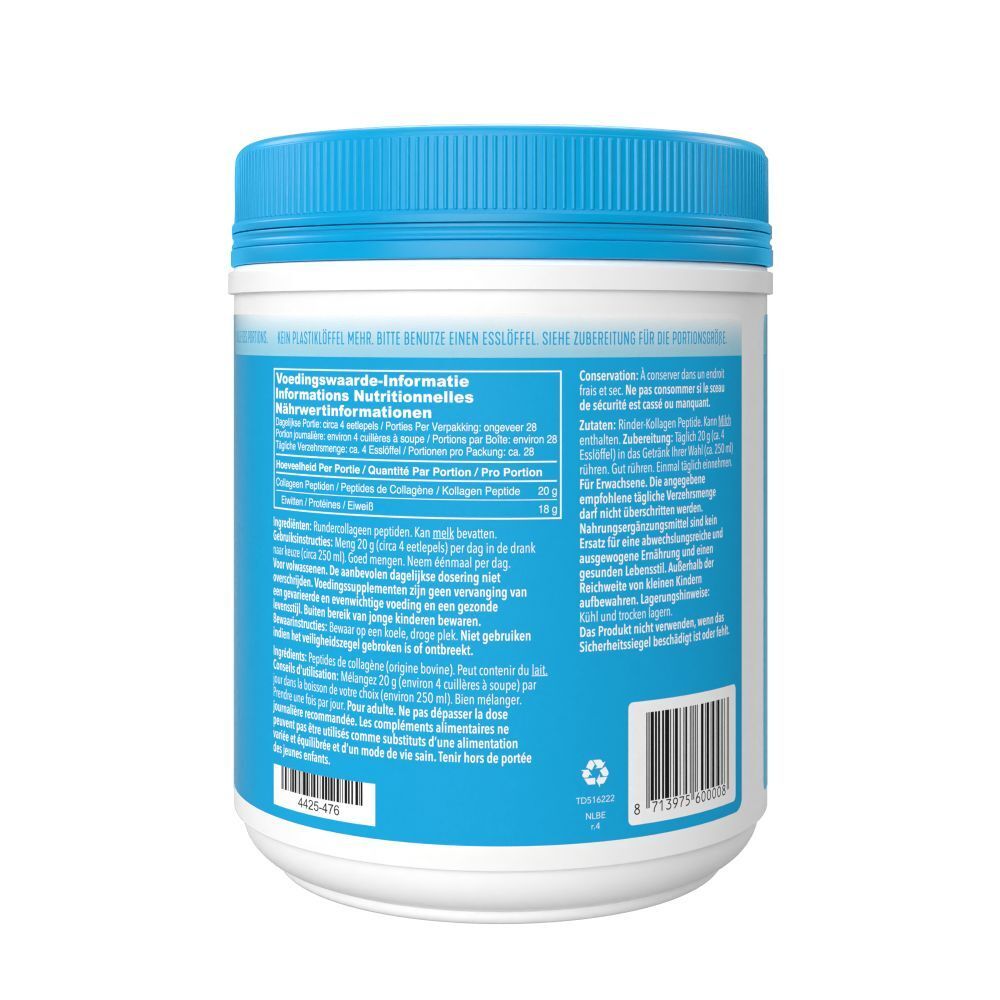 Achterkant van de blauw-witte pot VITAL PROTEINS Collagen Peptides. Tekstinformatie en voedingswaarde.