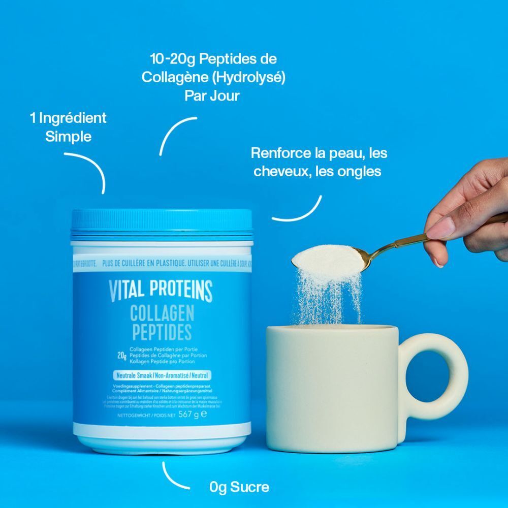 VITAL PROTEINS Collagen Peptides pot, lepel met poeder, beker. Opschrift: 0g suiker, 10-20g peptiden.