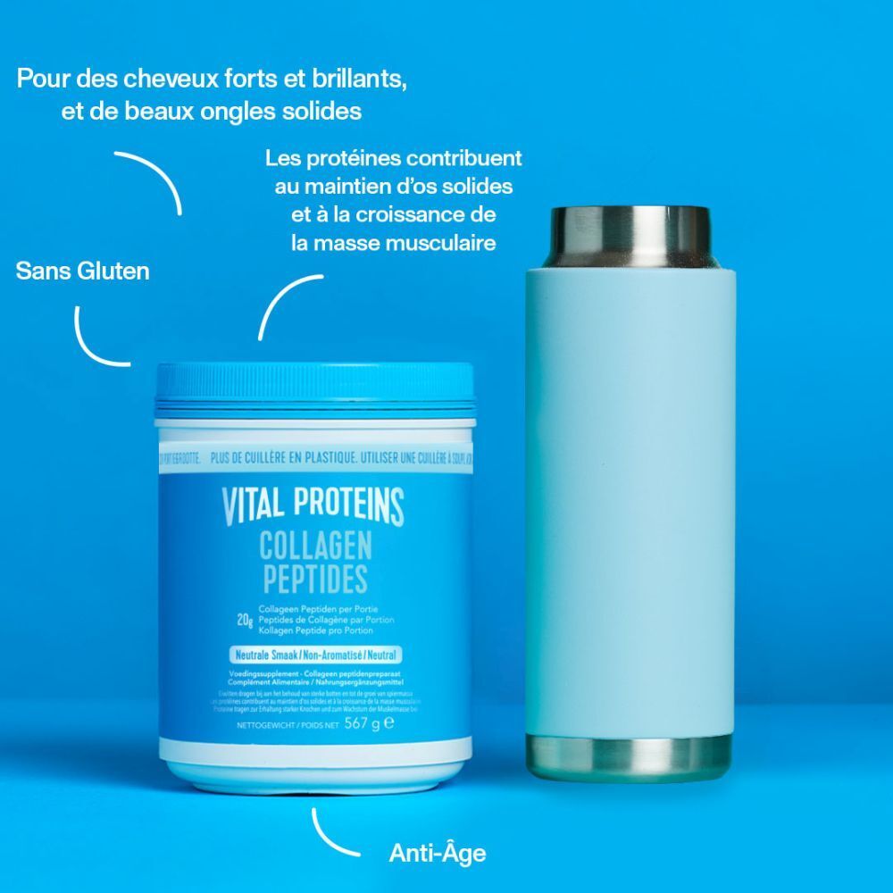 VITAL PROTEINS Collagen Peptides pot, fles. Opschrift: Anti-Age, Zonder Gluten. Voor sterk haar en nagels.