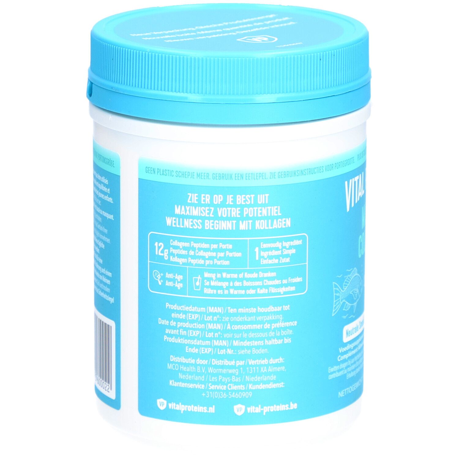 Dos du pot Vital Proteins Marine Collagen. Texte multilingue. Coloris bleu et blanc.