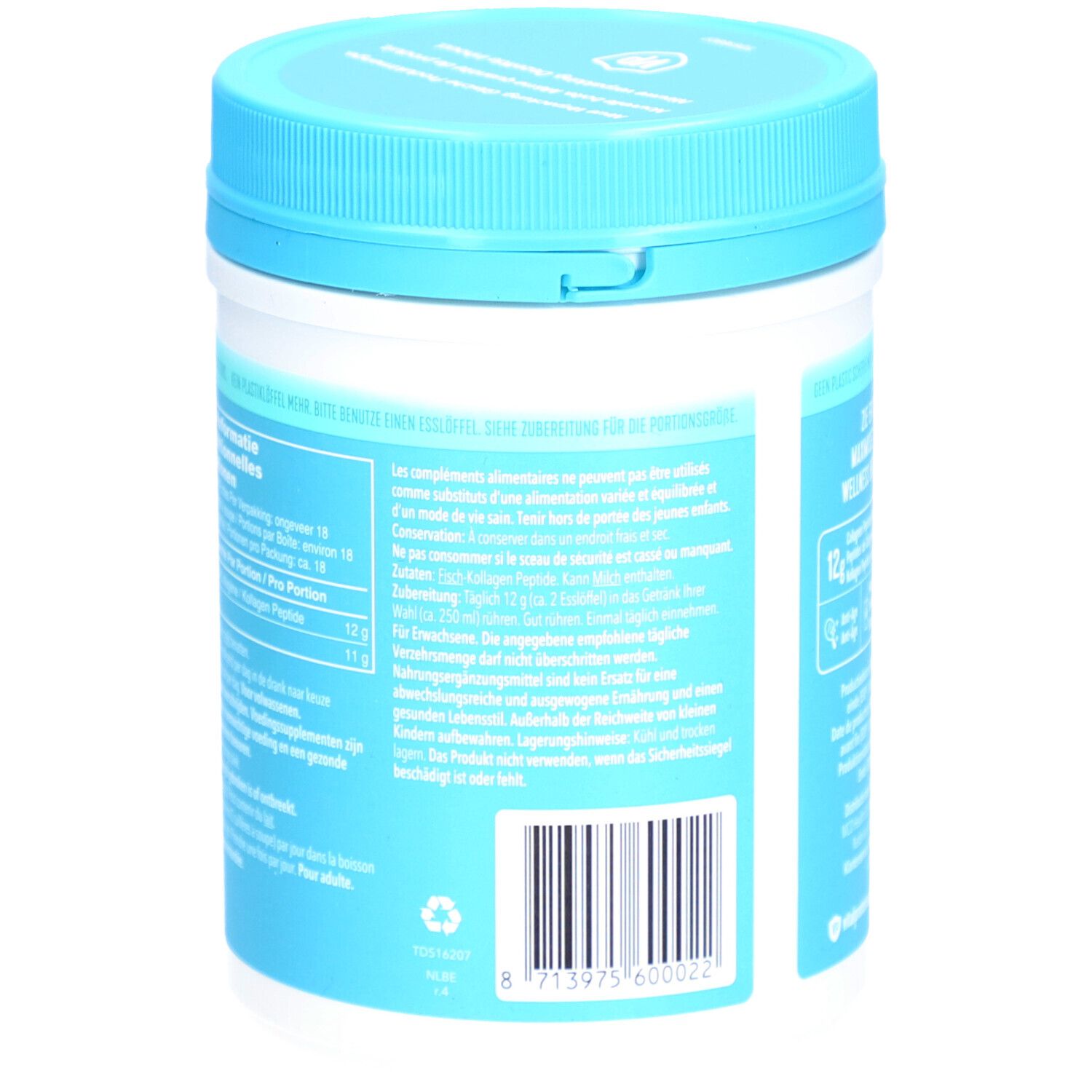 Dos du pot Vital Proteins Marine Collagen. Texte multilingue. Coloris bleu et blanc.