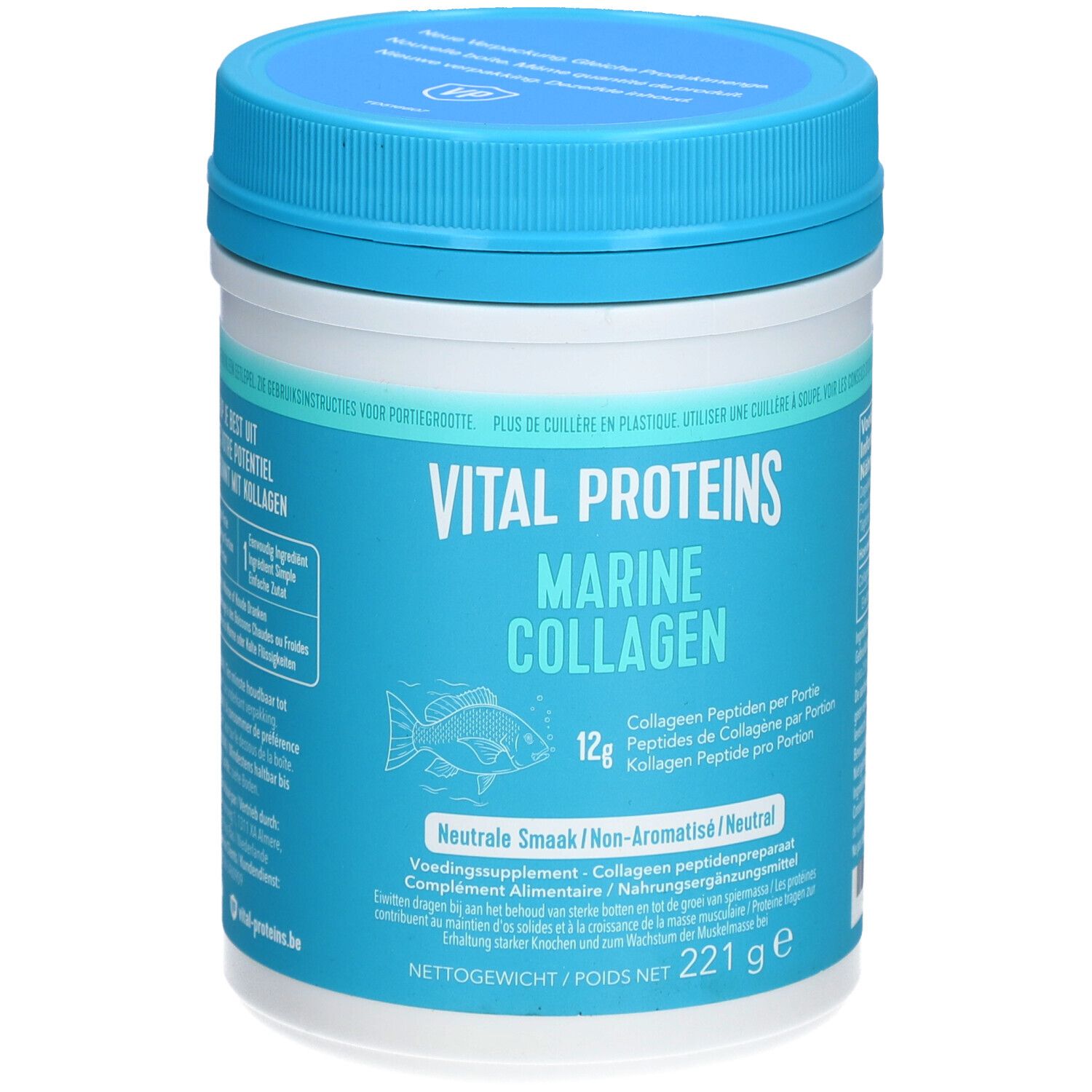 Pot bleu et blanc de Vital Proteins Marine Collagen. Logo poisson. 221g. Couvercle et texte bleus.