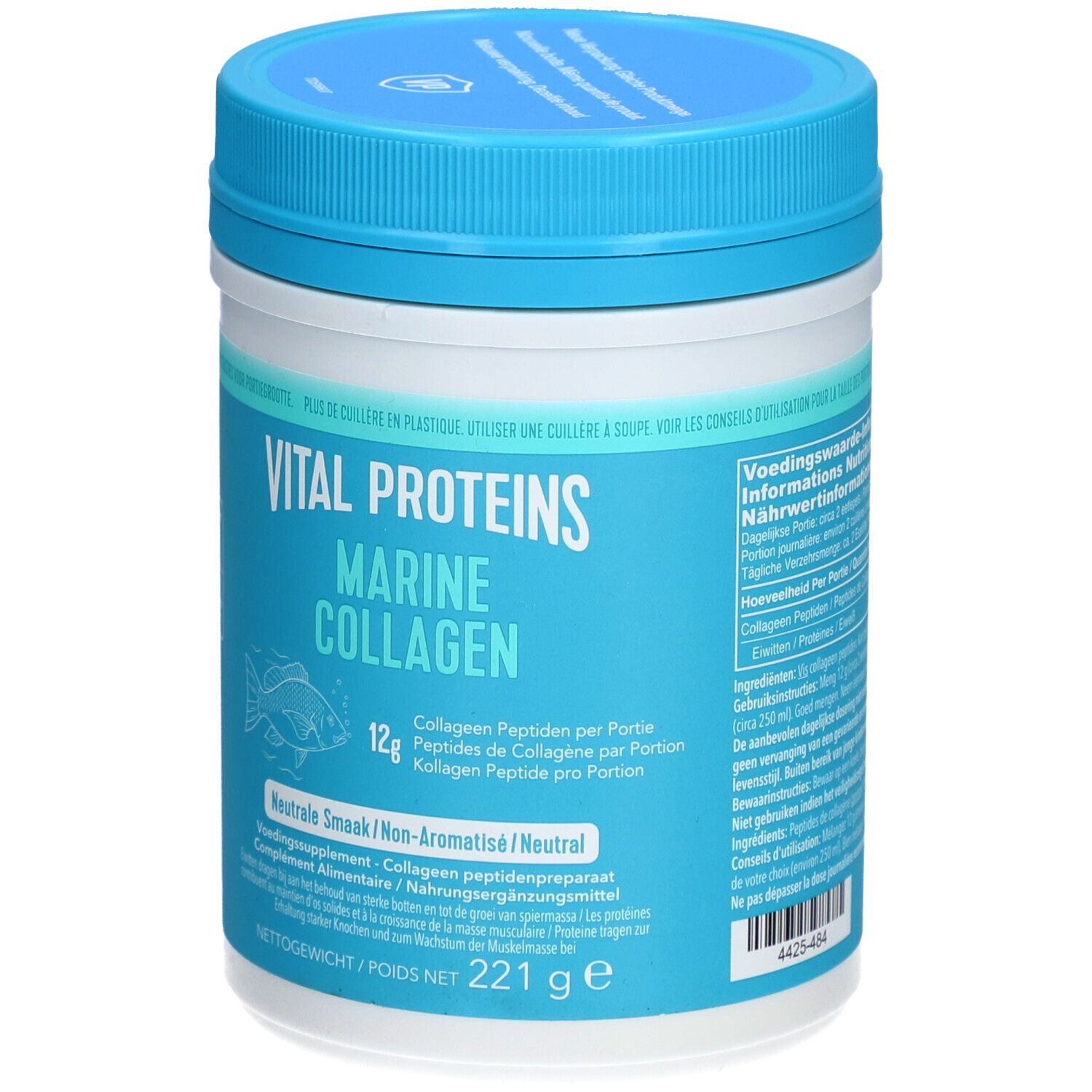 Pot bleu et blanc de Vital Proteins Marine Collagen. Logo poisson. 221g. Couvercle et texte bleus.