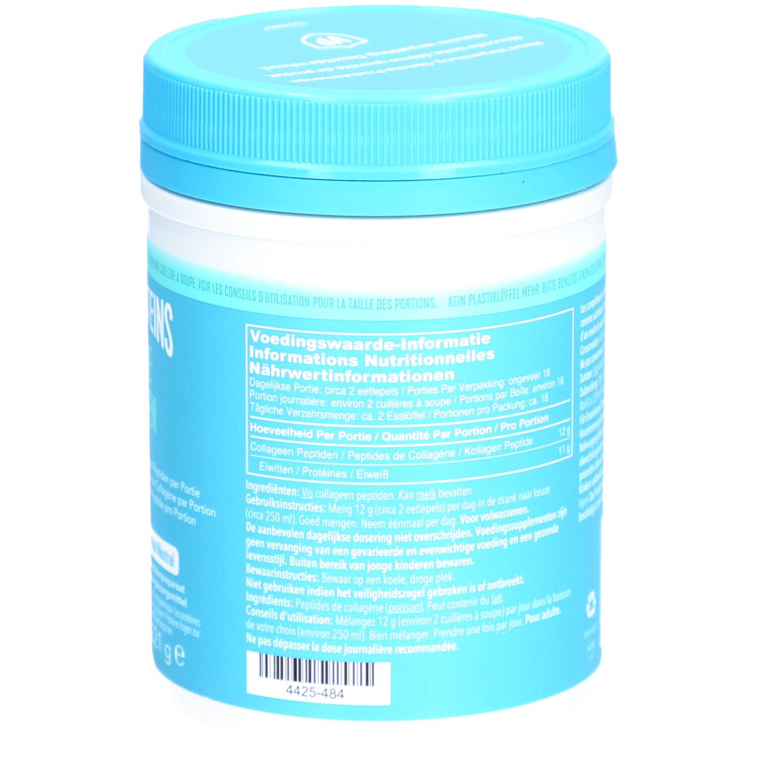 Dos du pot Vital Proteins Marine Collagen. Texte multilingue. Coloris bleu et blanc.
