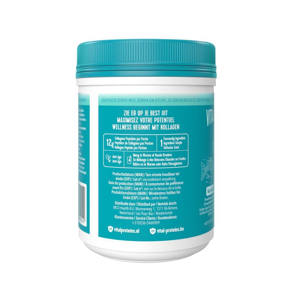 Dos du pot Vital Proteins Marine Collagen. Texte multilingue. Coloris bleu et blanc.