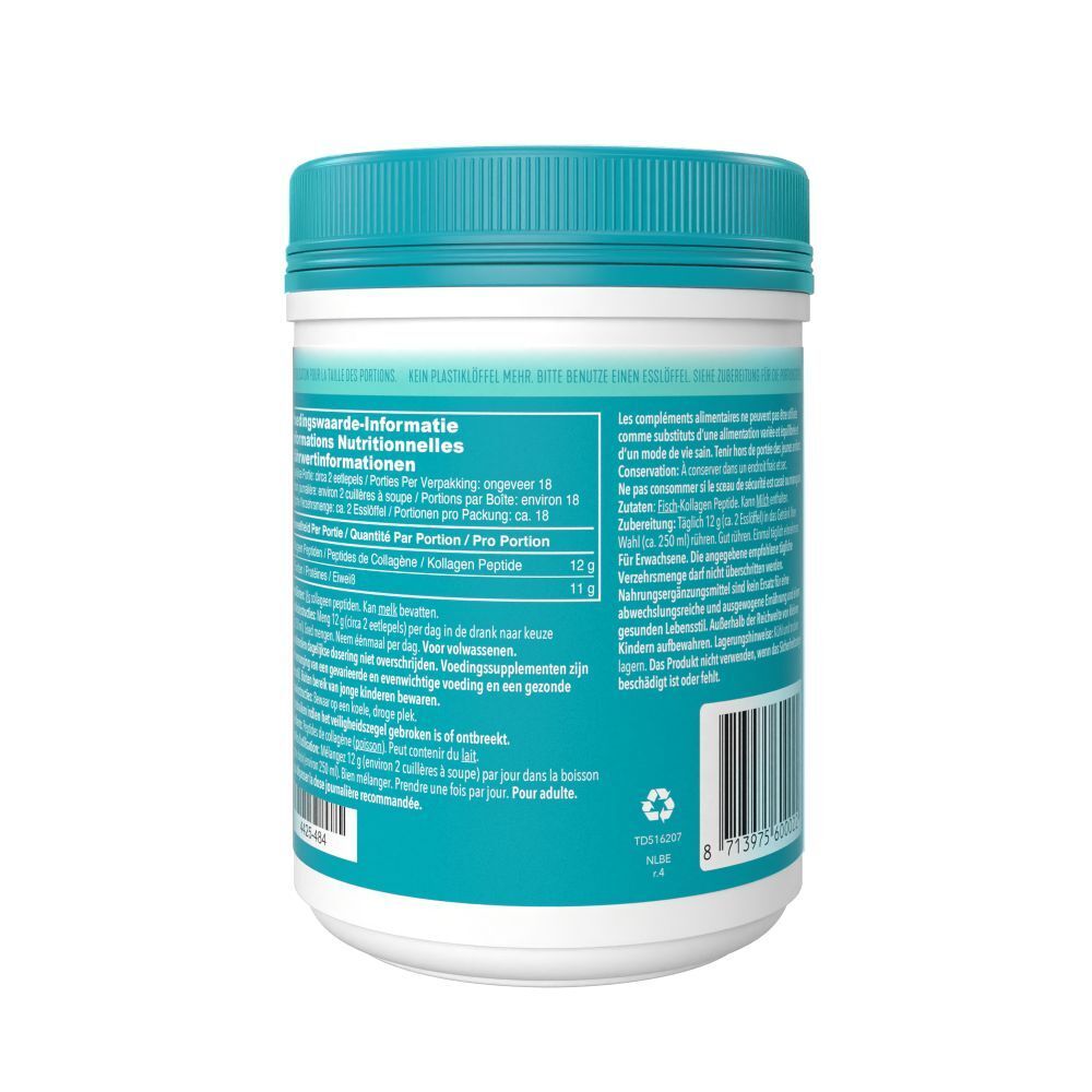 Dos du pot Vital Proteins Marine Collagen. Texte multilingue. Coloris bleu et blanc.