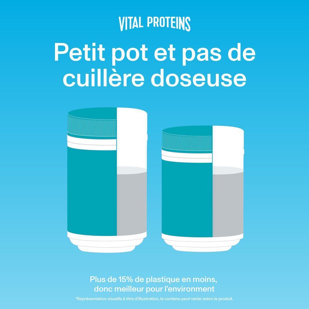 Deux pots bleus, Vital Proteins Marine Collagen. Format plus petit, sans cuillère doseuse.