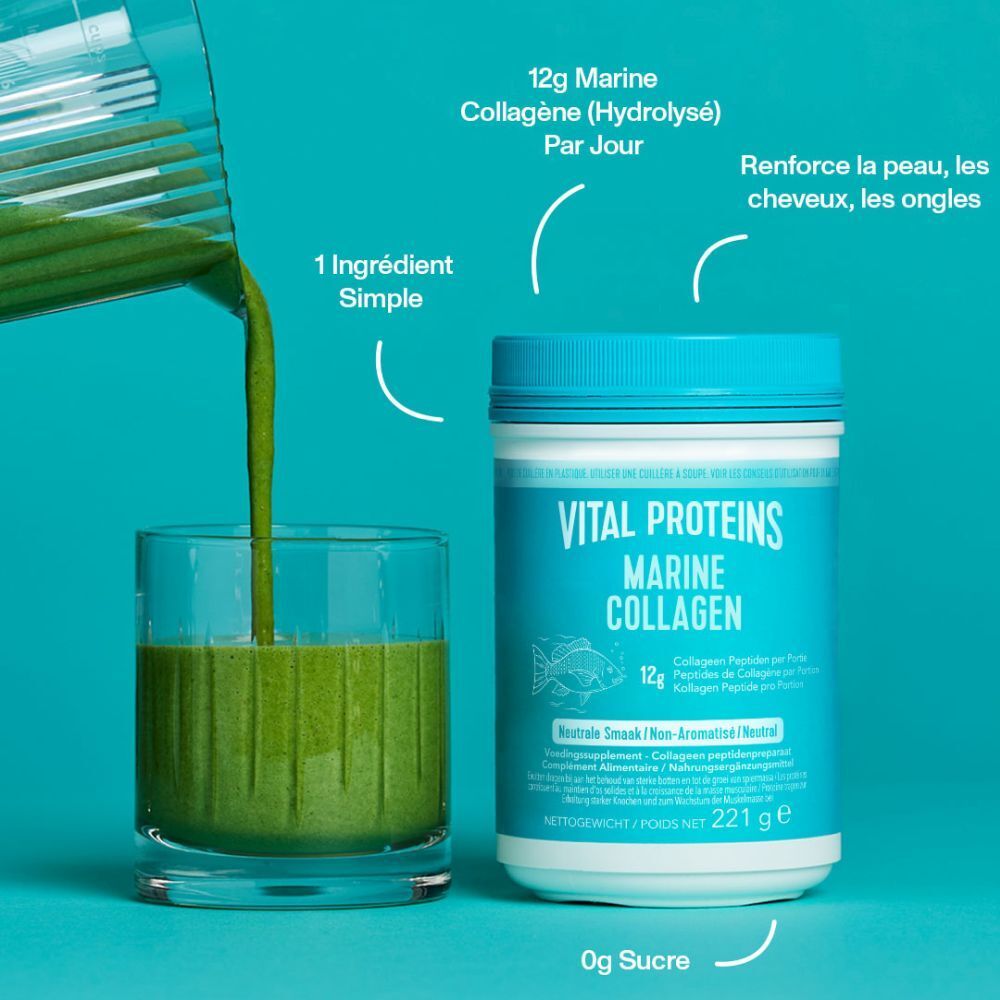Verre de boisson verte, à côté pot Vital Proteins Marine Collagen. 0g de sucre.