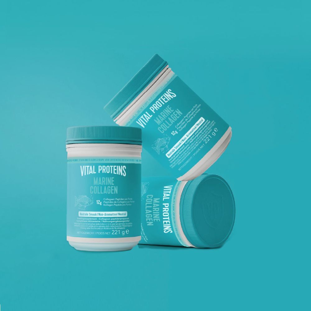 Trois pots Vital Proteins Marine Collagen. Bleu et blanc. 221g. Différentes perspectives.