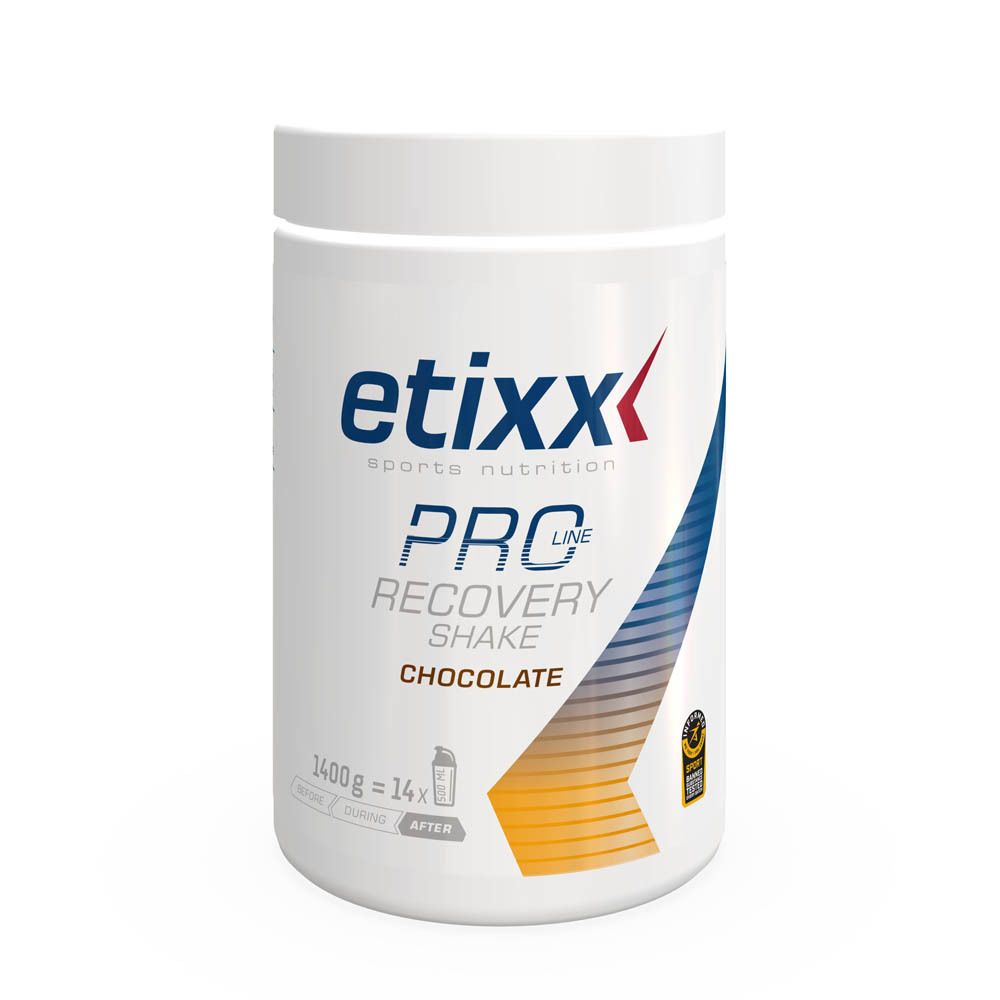 Pot blanc avec couvercle. Inscription : etixx, PRO Line, Recovery Shake, Chocolate. 1400g. Avec certification.