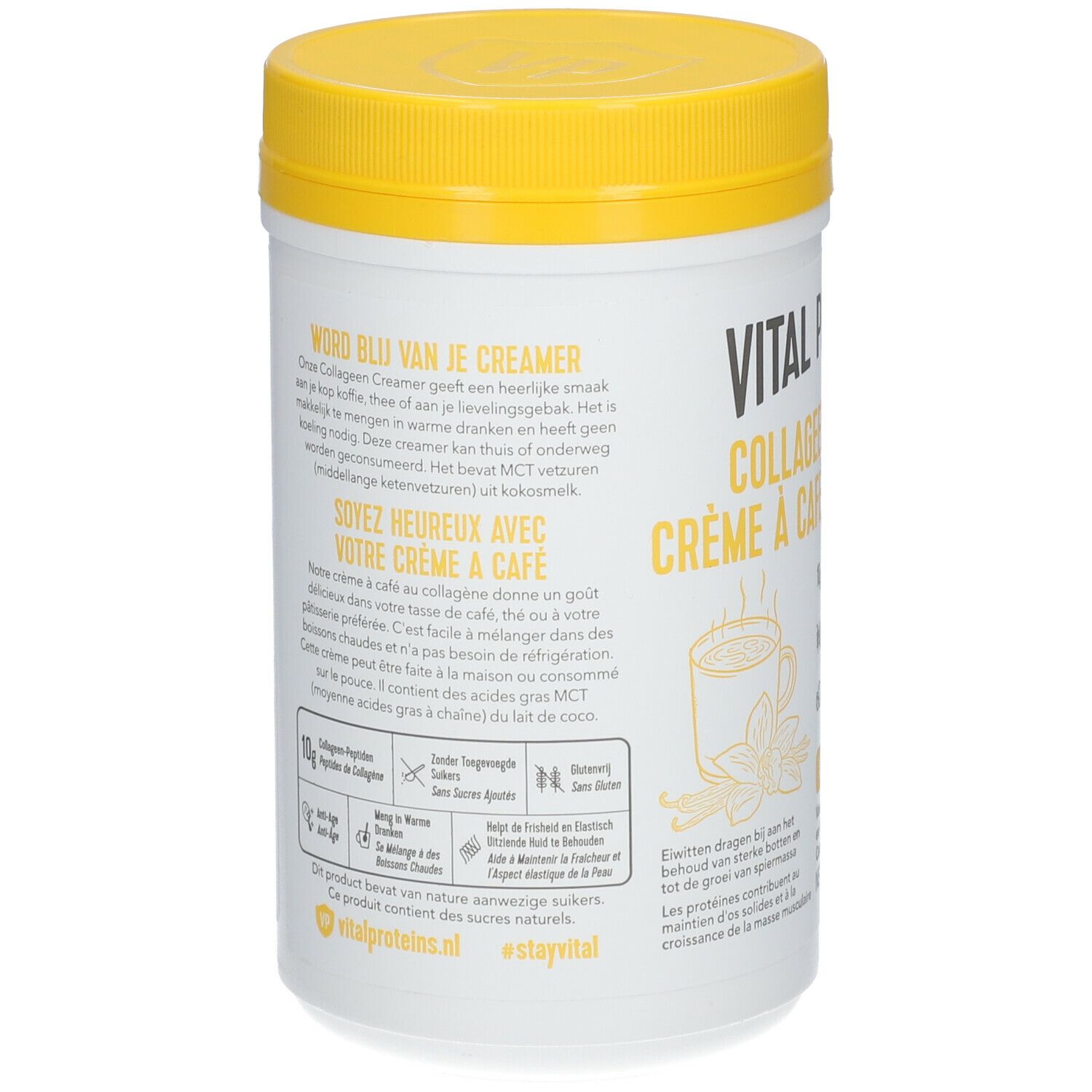 Witte pot met gele deksel. Achterkant met tekst en symbolen. Bevat informatie over het product.