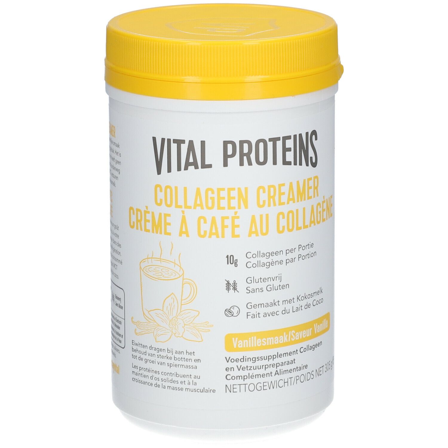 Witte pot met gele deksel. Opschrift: Vital Proteins Collagen Creamer. Illustratie van een kopje met vanille.