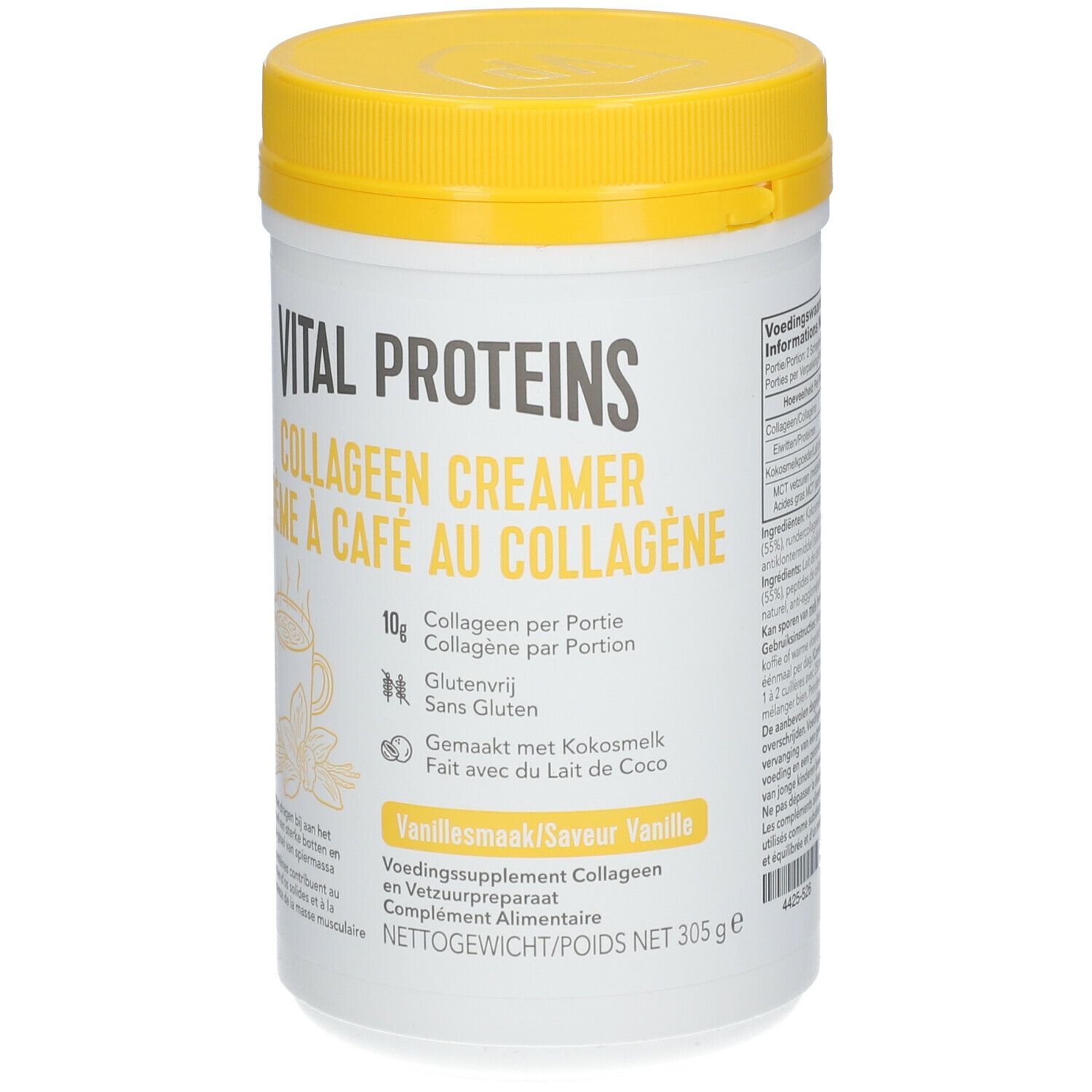 Witte pot met gele deksel. Opschrift: Vital Proteins Collagen Creamer. Illustratie van een kopje met vanille.