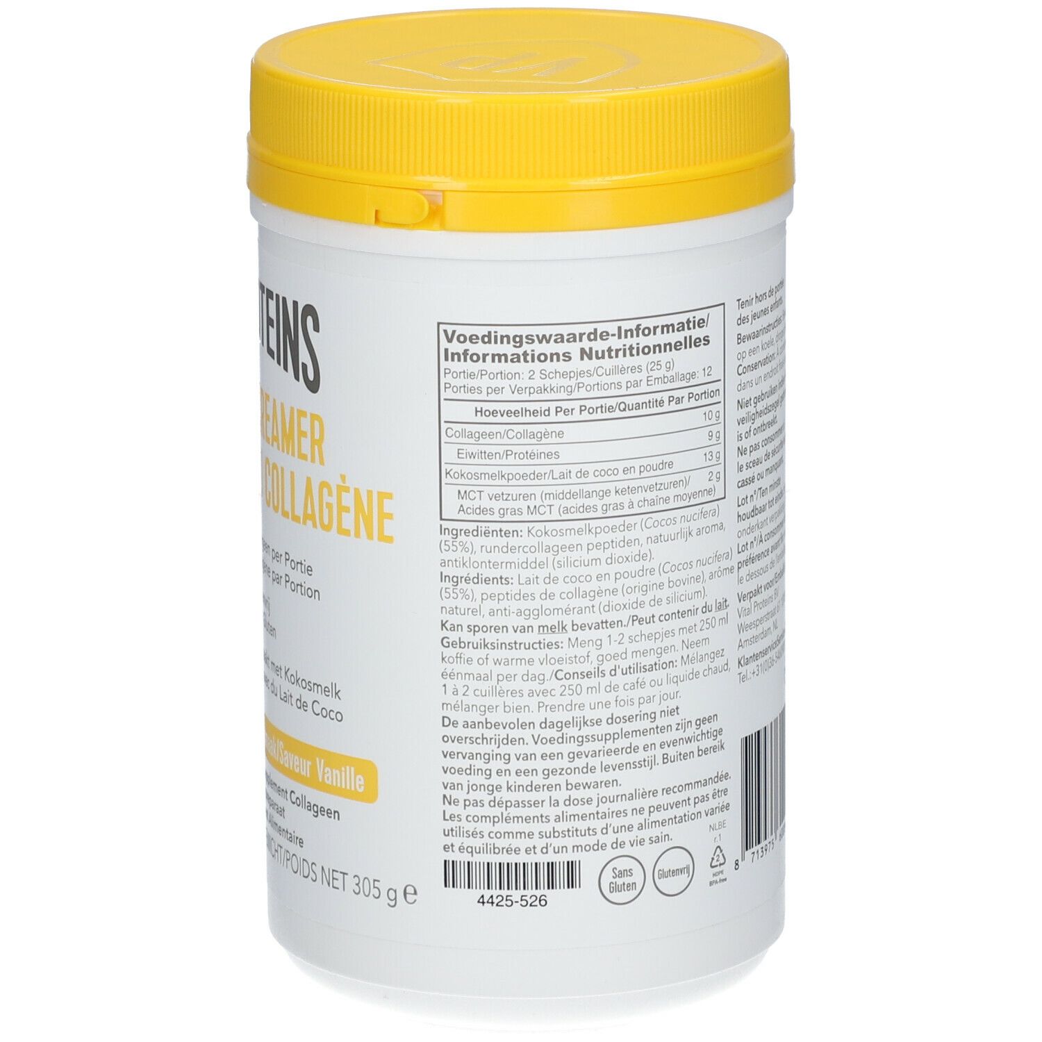 Witte pot met gele deksel. Achterkant met voedingswaarde-informatie en ingrediëntenlijst.