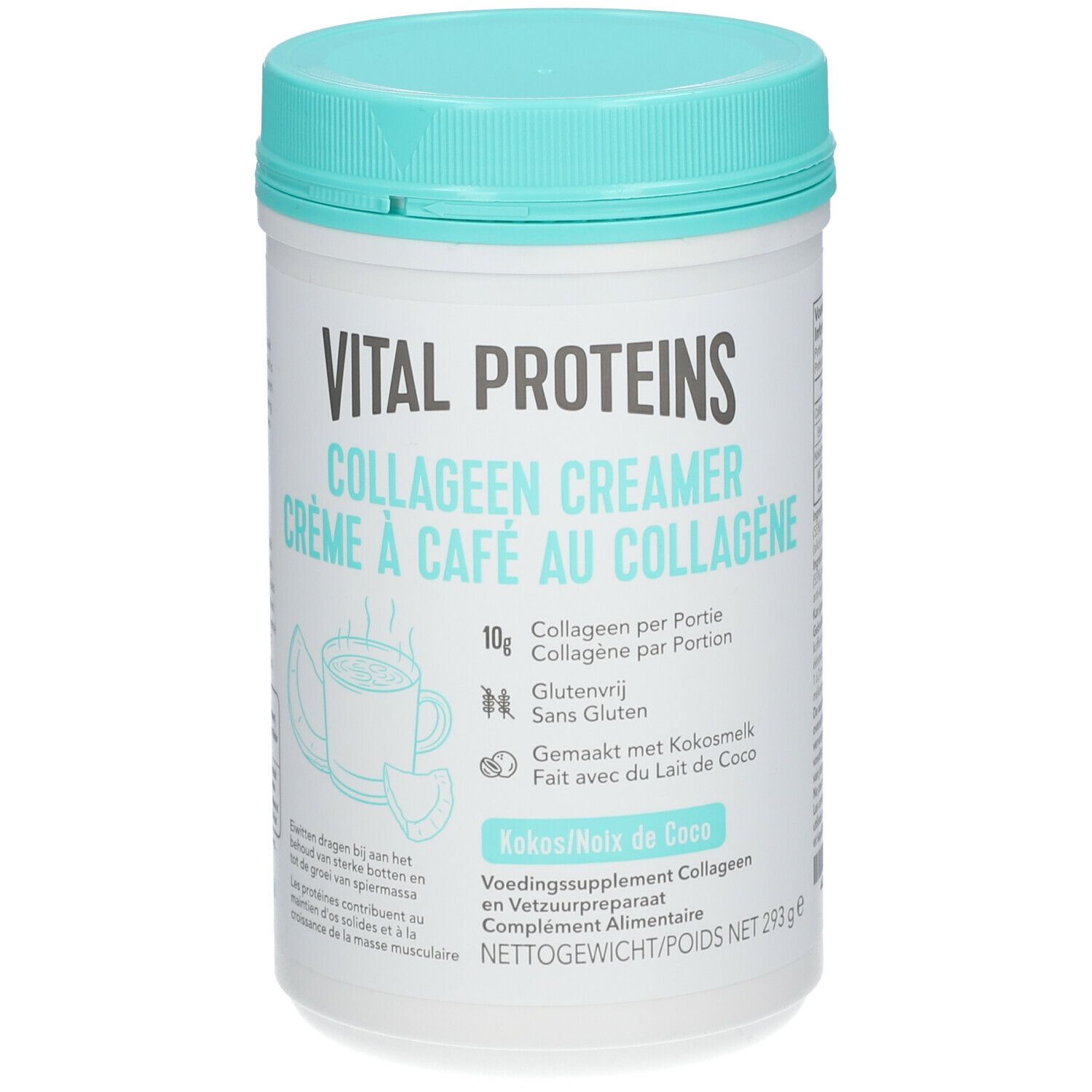 Vital Proteins Collagen Creamer Kokos. Dose mit blauem Deckel. Aufschrift: 10g Kollagen pro Portion, glutenfrei. Kokos-Geschmack.