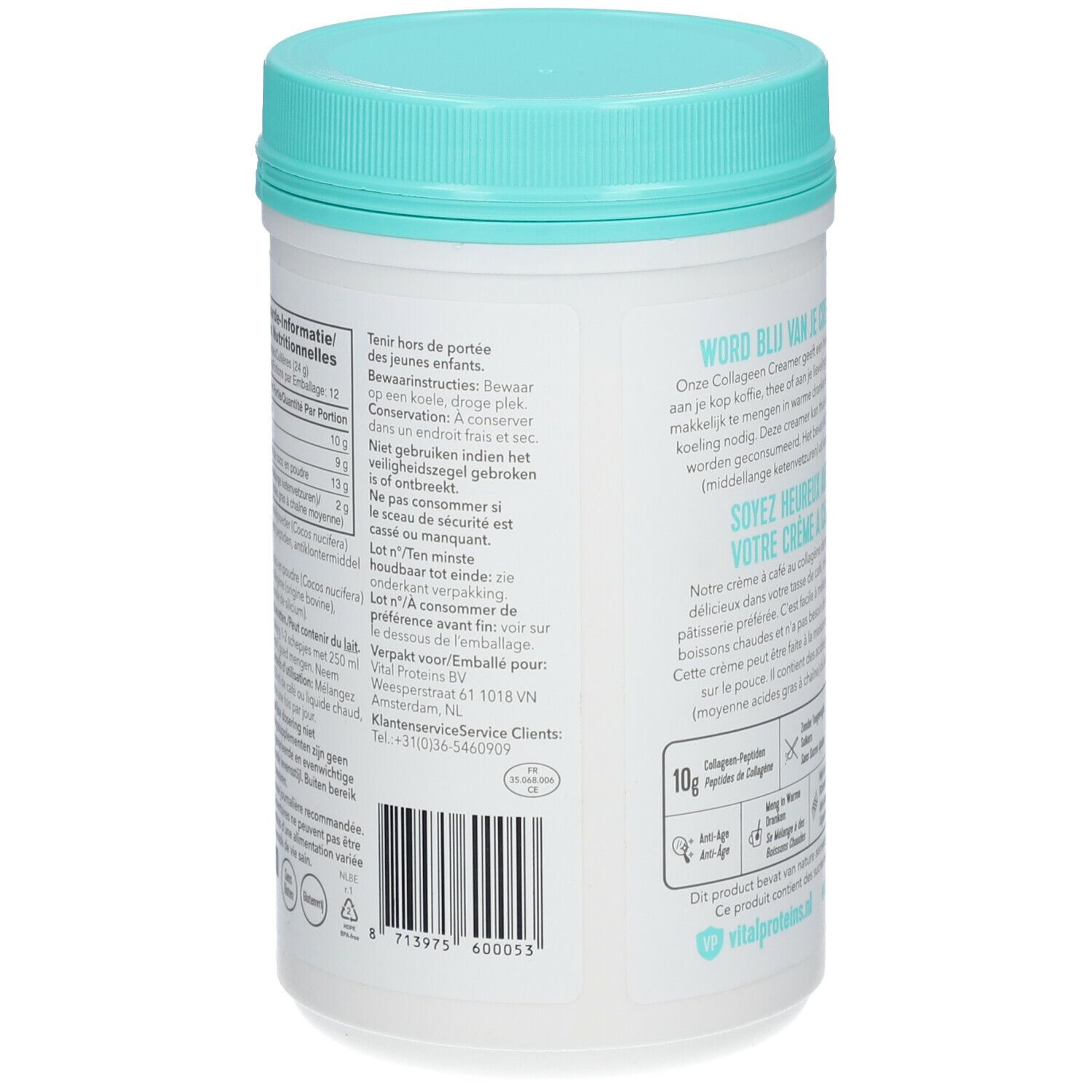 Rückseite der Vital Proteins Collagen Creamer Kokos Dose. Text in mehreren Sprachen. Nährwertangaben, Haltbarkeit, Kontaktinformationen.