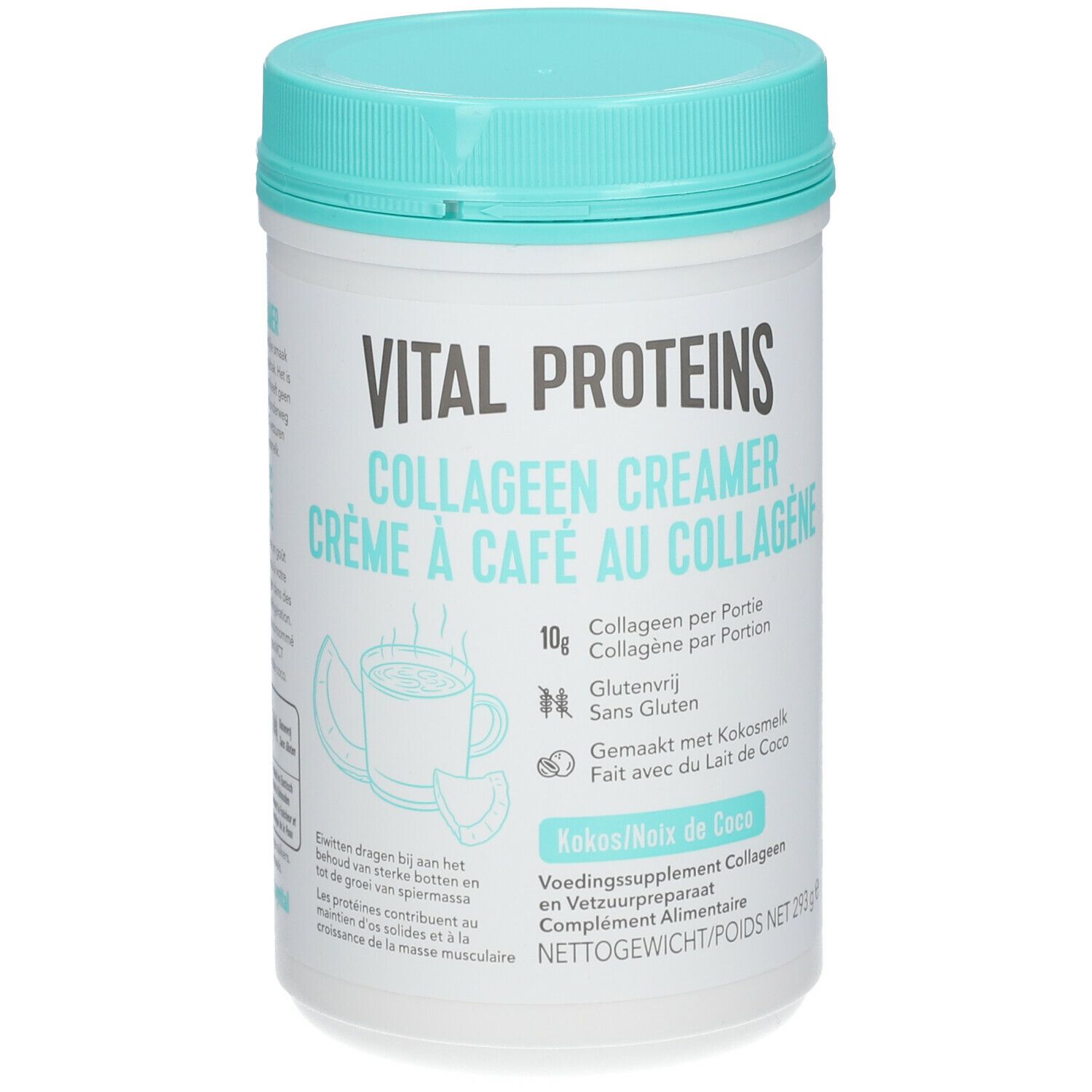 Vital Proteins Collagen Creamer Kokos. Dose mit blauem Deckel. Aufschrift: 10g Kollagen pro Portion, glutenfrei. Kokos-Geschmack.