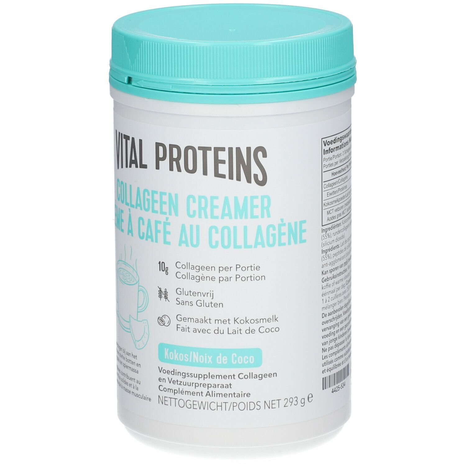 Vital Proteins Collagen Creamer Kokos. Dose mit blauem Deckel. Aufschrift: 10g Kollagen pro Portion, glutenfrei. Kokos-Geschmack.