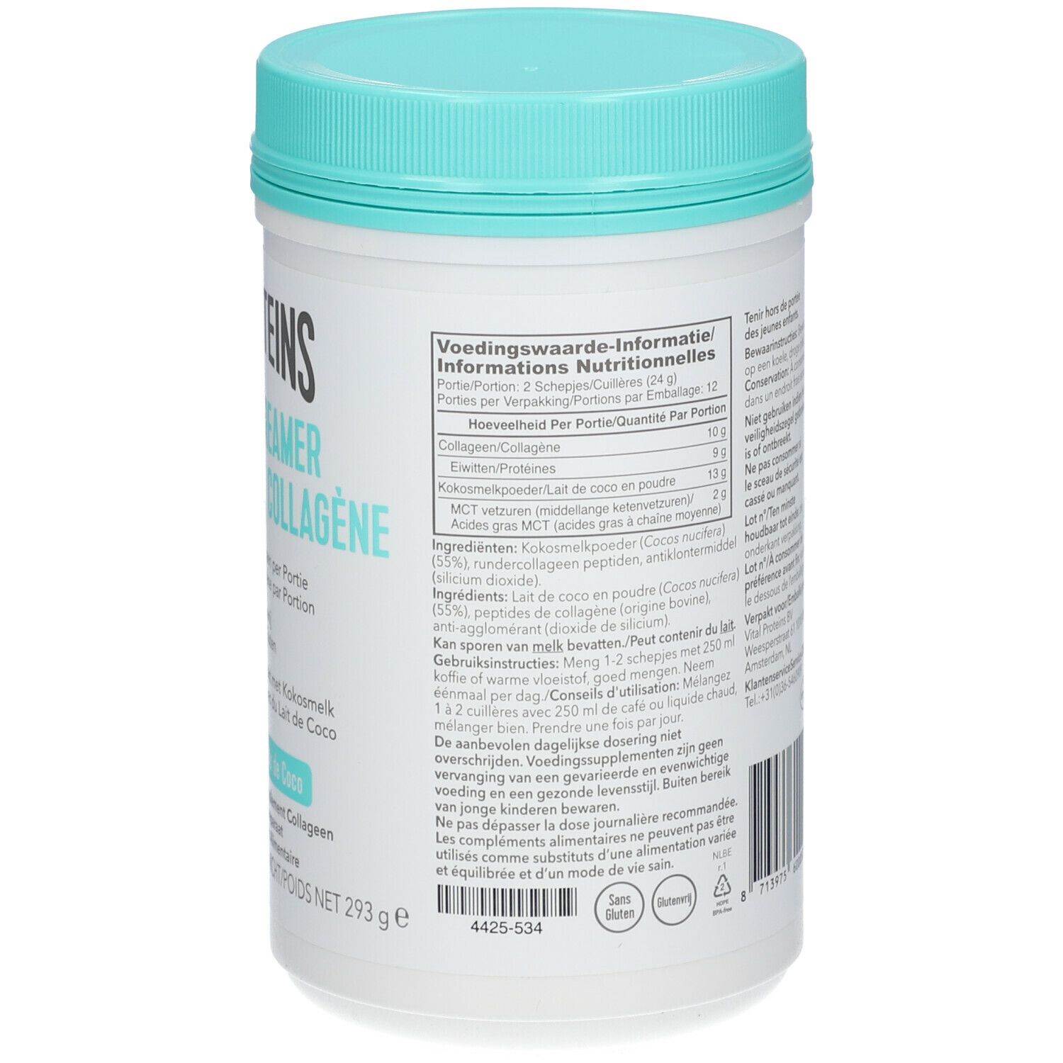 Rückseite der Vital Proteins Collagen Creamer Kokos Dose. Nährwertangaben, Zutaten, Gebrauchsanweisung. Nettogewicht 293g.