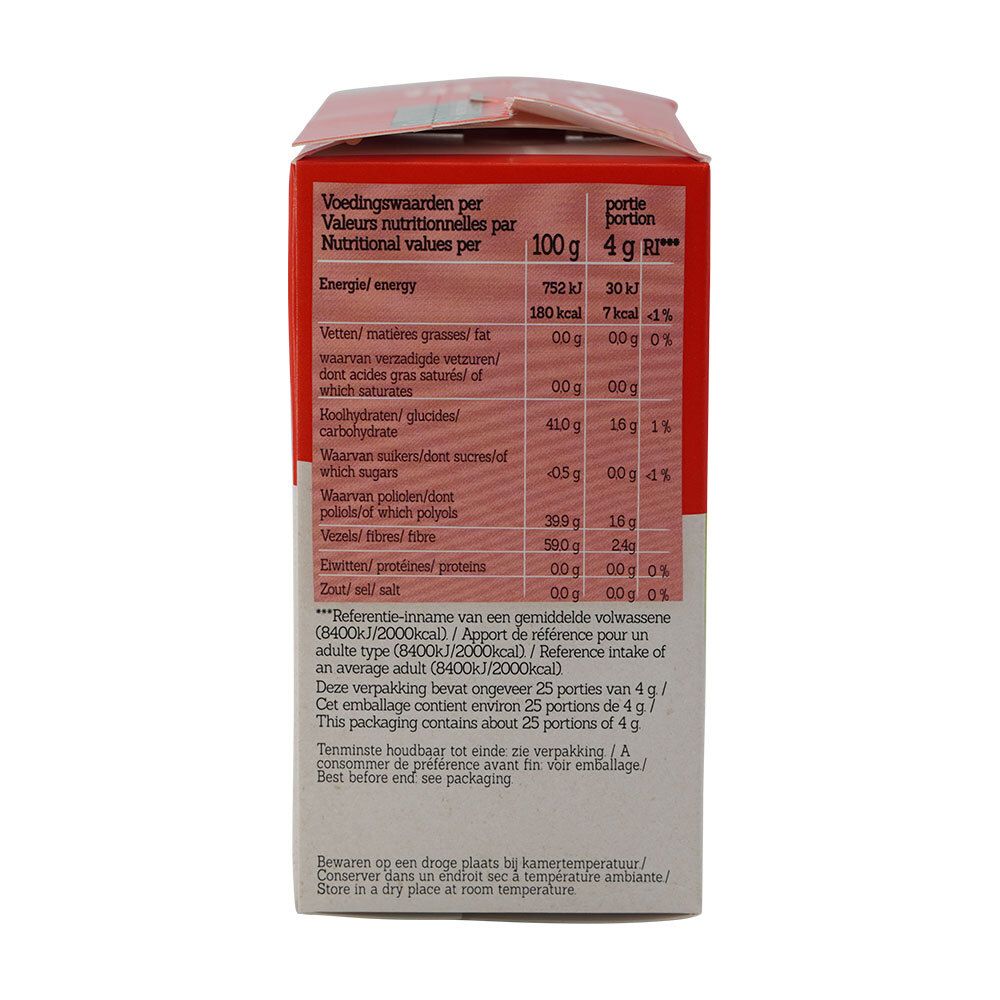 Achterkant verpakking Tagatesse Sticks. Voedingswaarden in meerdere talen. Tekst: 'Best before end, see packaging'.