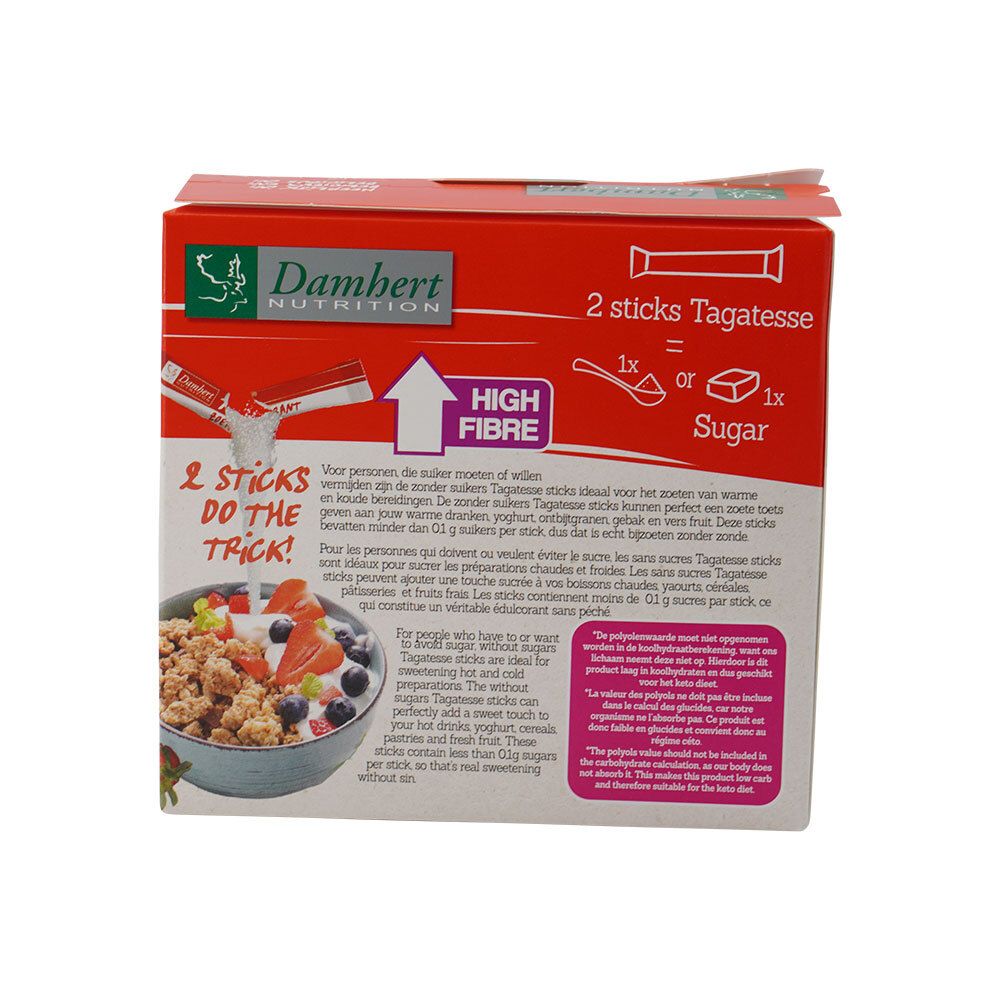 Zijkant verpakking Tagatesse Sticks. Tekst: 2 Sticks Tagatesse = 1x suiker. High Fibre. Afbeelding van muesli.